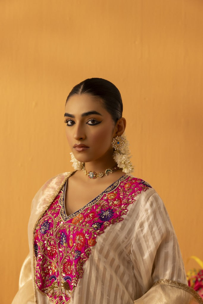 Chandgulab Off-white tissue stripe embroidered kaftan set