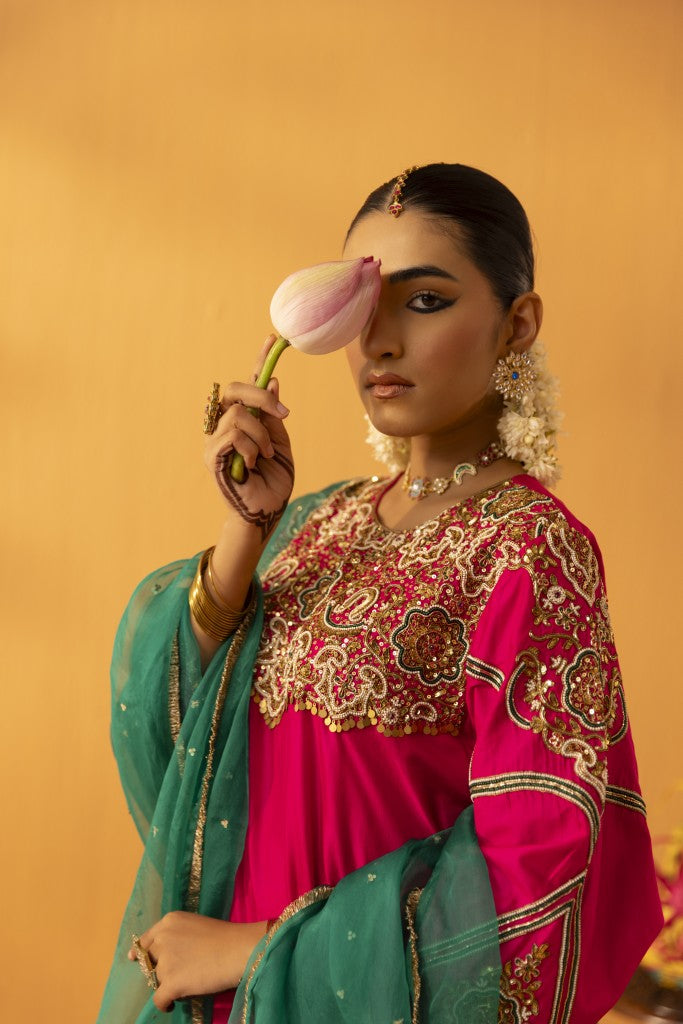 Baagerani rani pink silk embroidered kurta set