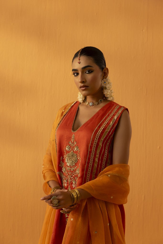 kesarika orange silk chanderi embroidered kurta set