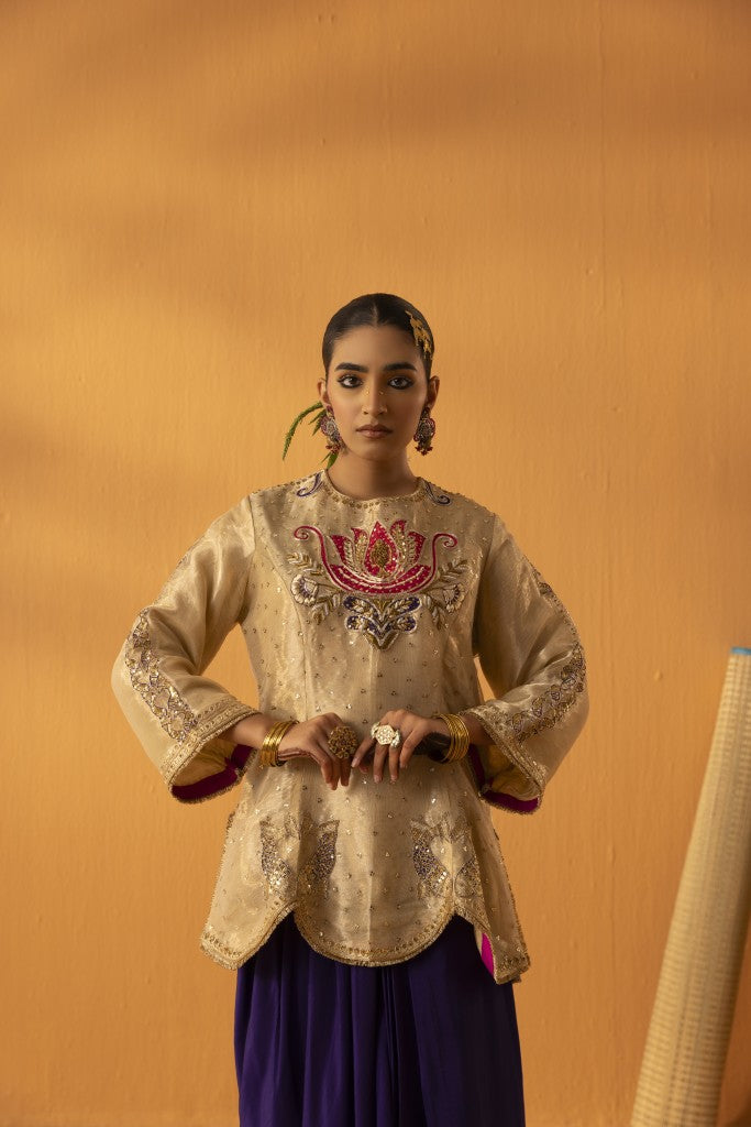 Khudrang gold embroidered tissue indo- western kurta set