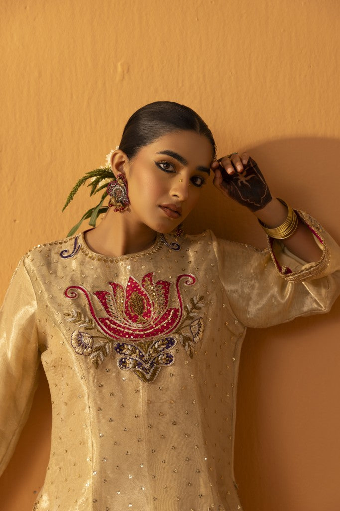 Khudrang gold embroidered tissue indo- western kurta set
