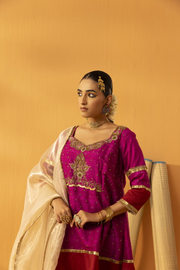 Gulnaar magenta pink silk embroidered kurta set