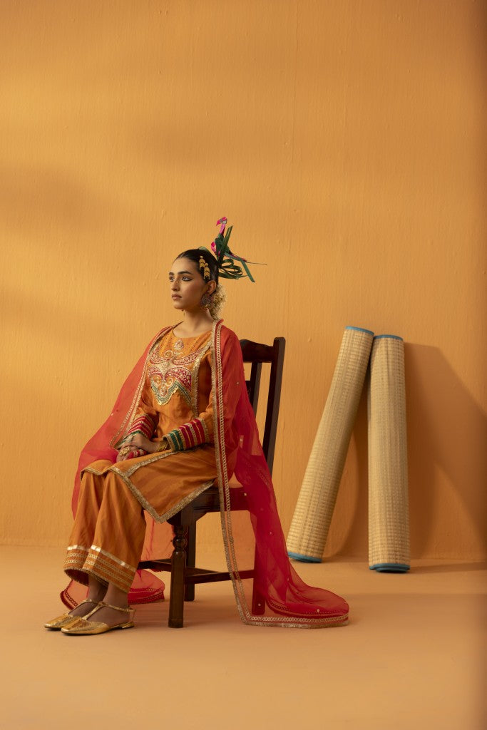 Saajrang orange silk embroidered kurta set