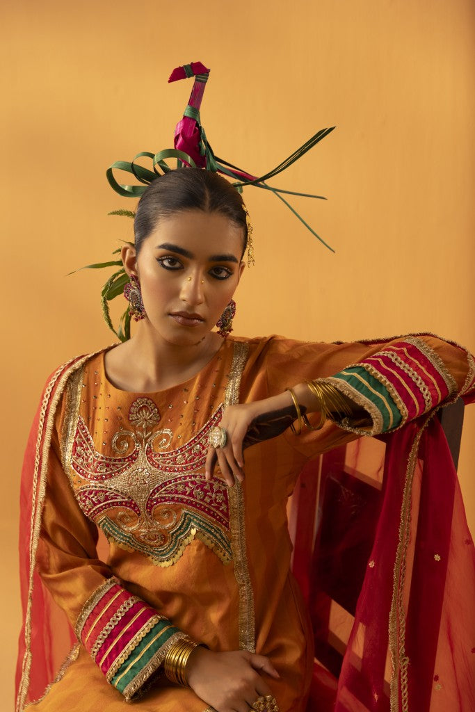 Saajrang orange silk embroidered kurta set