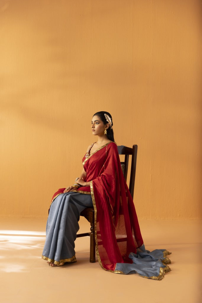 Ruhgul maroon embroidered saree set