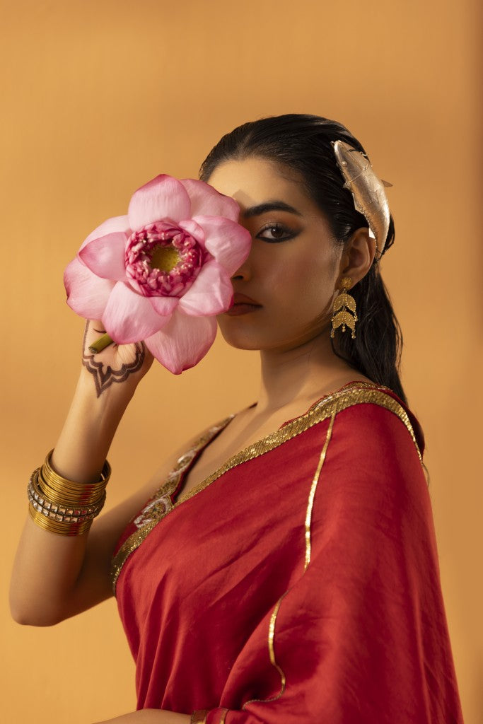 Ruhgul maroon embroidered saree set