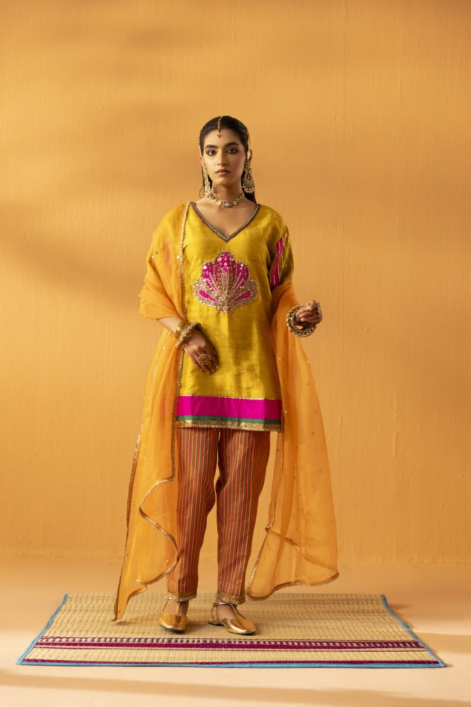 Aabha Mustard yellow silk embroidered kurta set