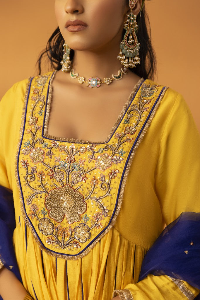 Amaltas yellow embroidered anarkali set