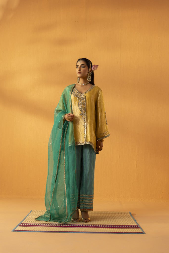 Ambervan Yellow gold embroidered tissue kurta set