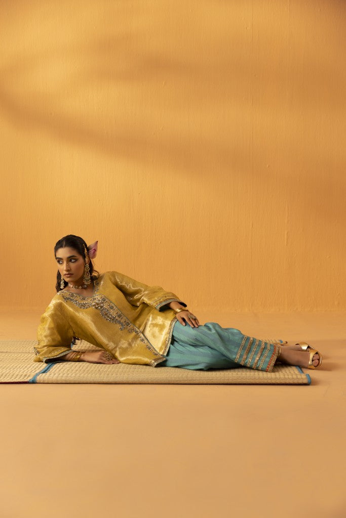 Ambervan Yellow gold embroidered tissue kurta set