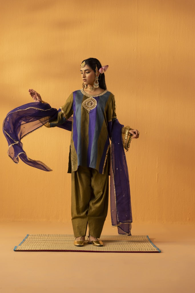 Rangpankh olive silk embroidered kurta set