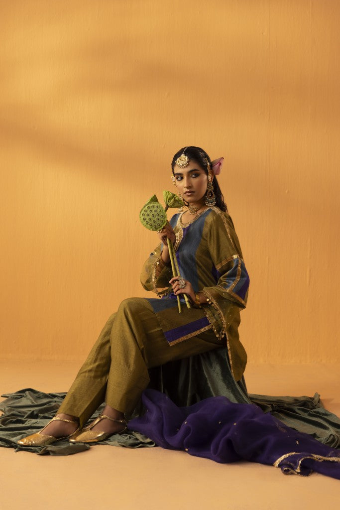 Rangpankh olive silk embroidered kurta set