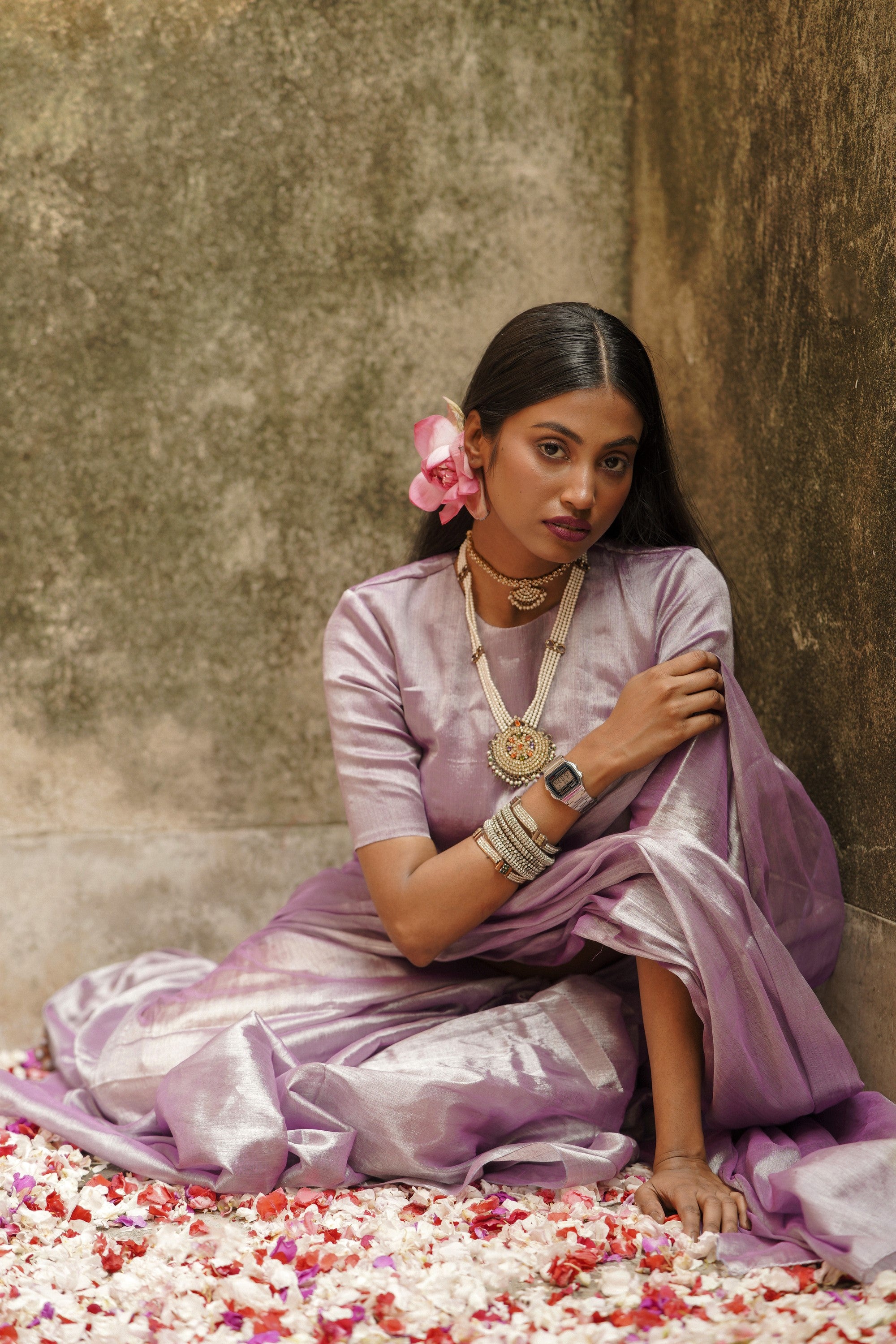 Lilac Lily I Pastel Purple Handloom Tissue Saree