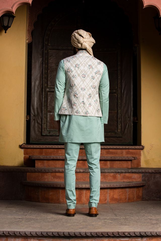 Cream Matka Embroidered Jacket with Mint Green Kurta & Pants