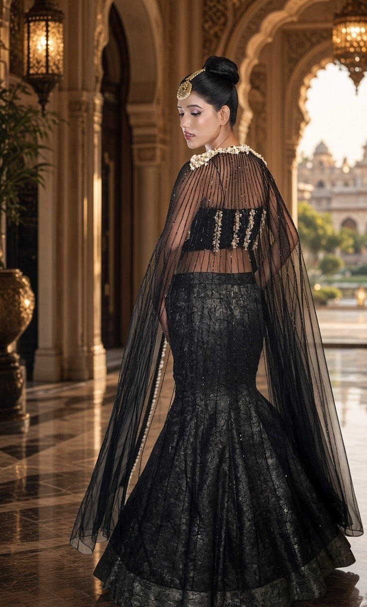 Long Cape Blouse with Jakard Skirt