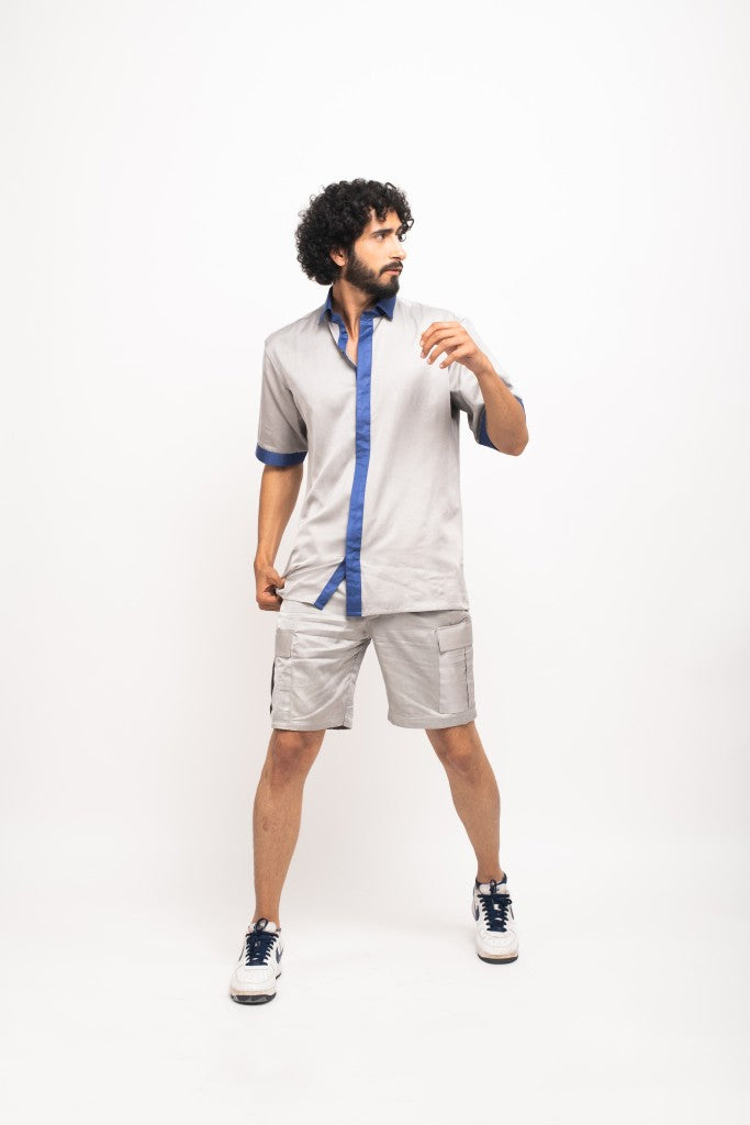 Grey-Blue Collar Colorblocked Co-ord Set
