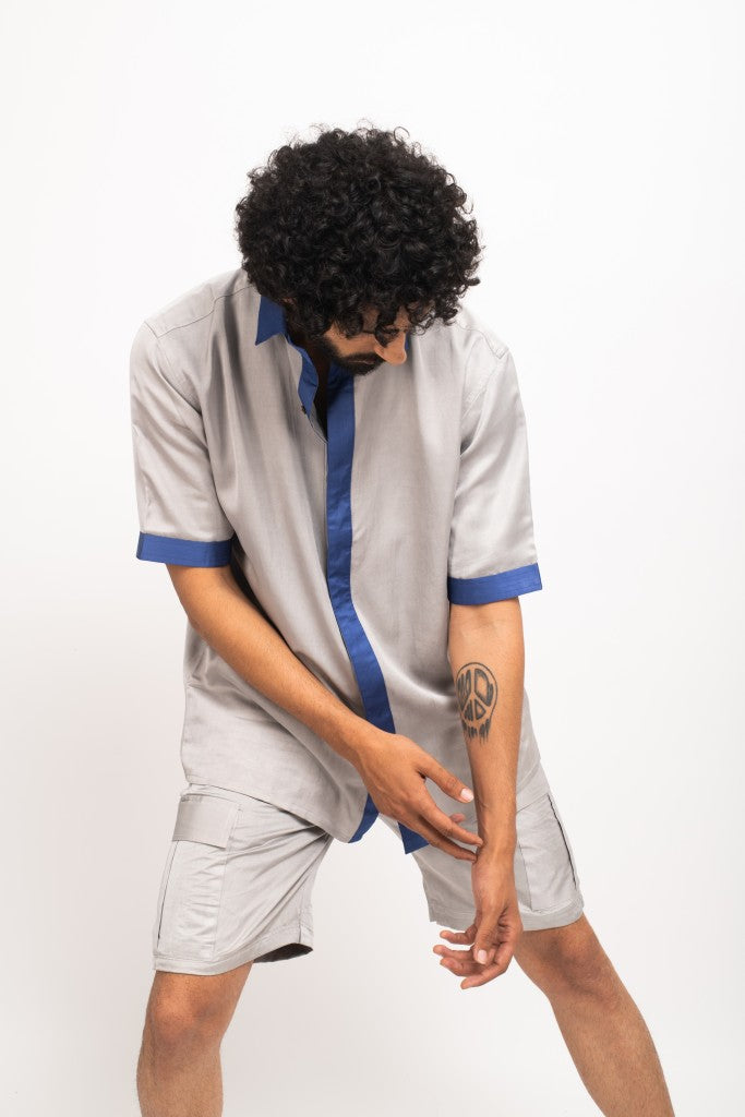 Grey-Blue Collar Colorblocked Shirt