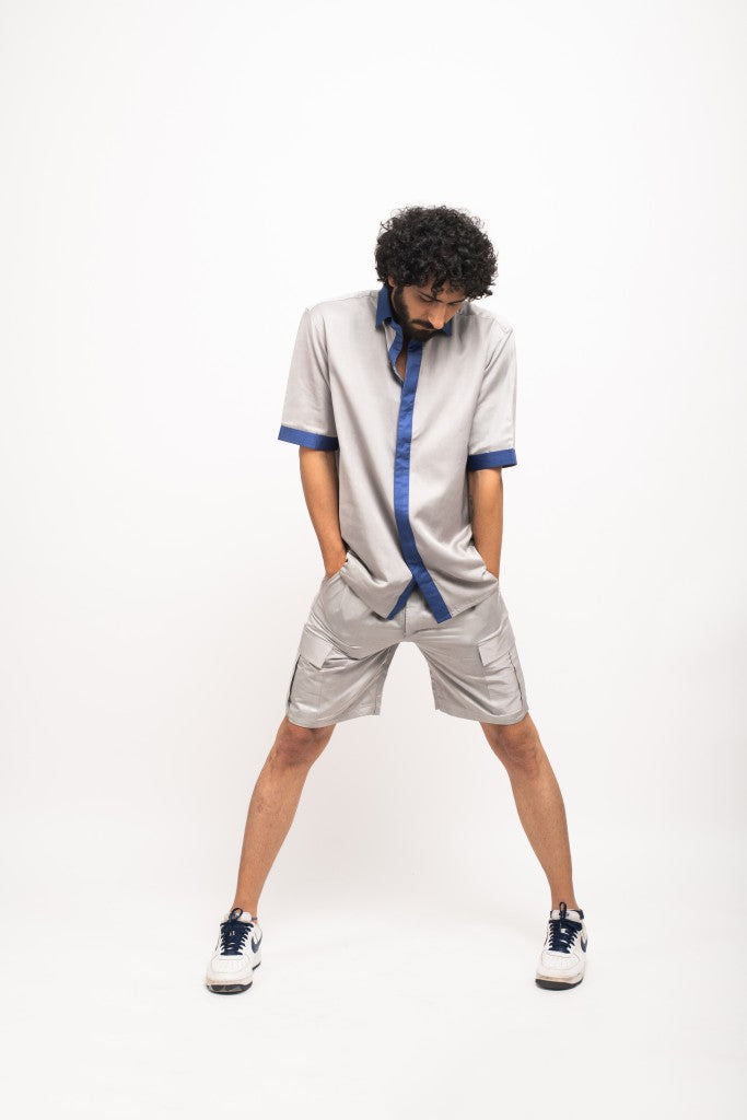 Grey-Blue Collar Colorblocked Shirt