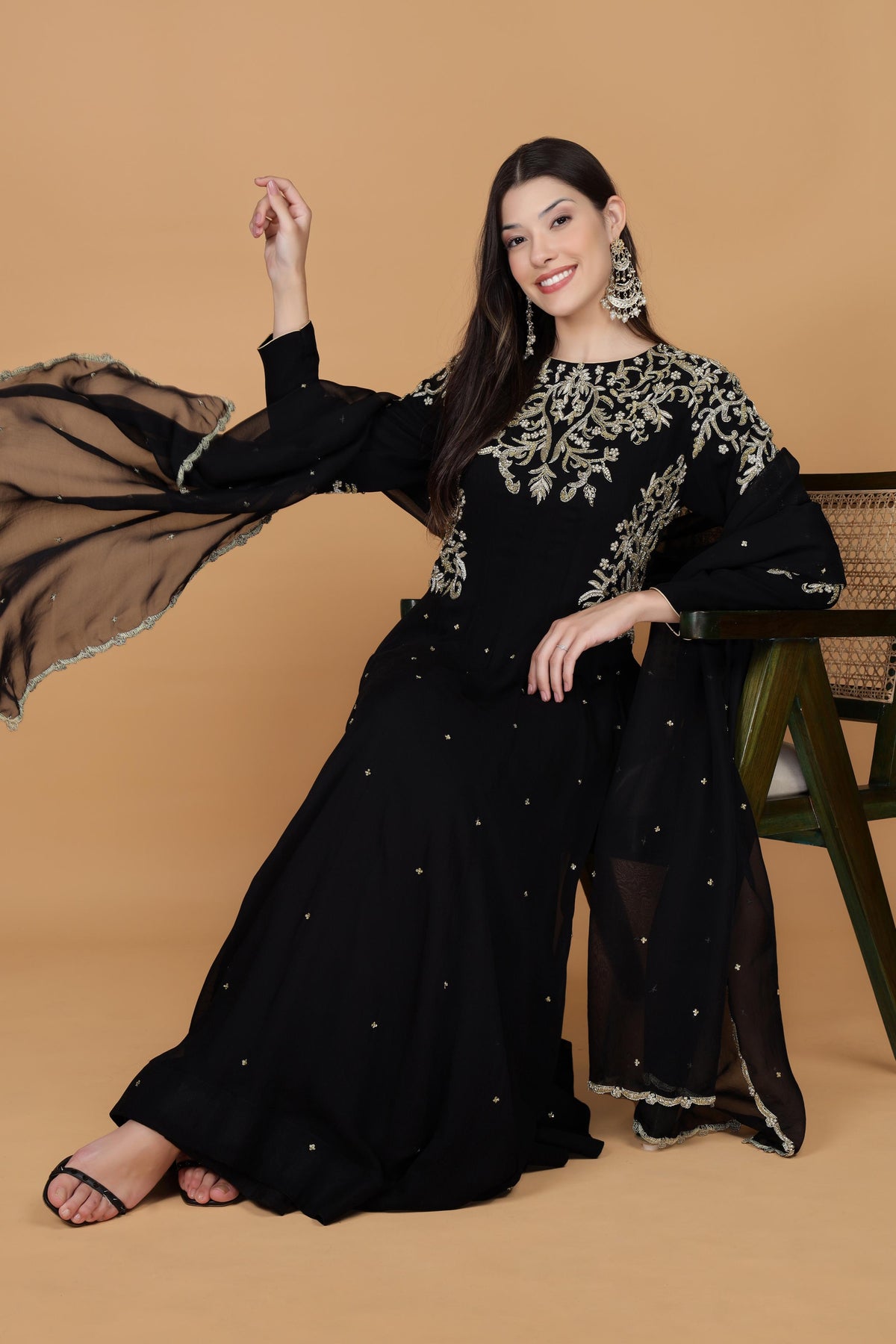 Women Ethnic Embroidered Round Neck Georgette Ethnic Dress