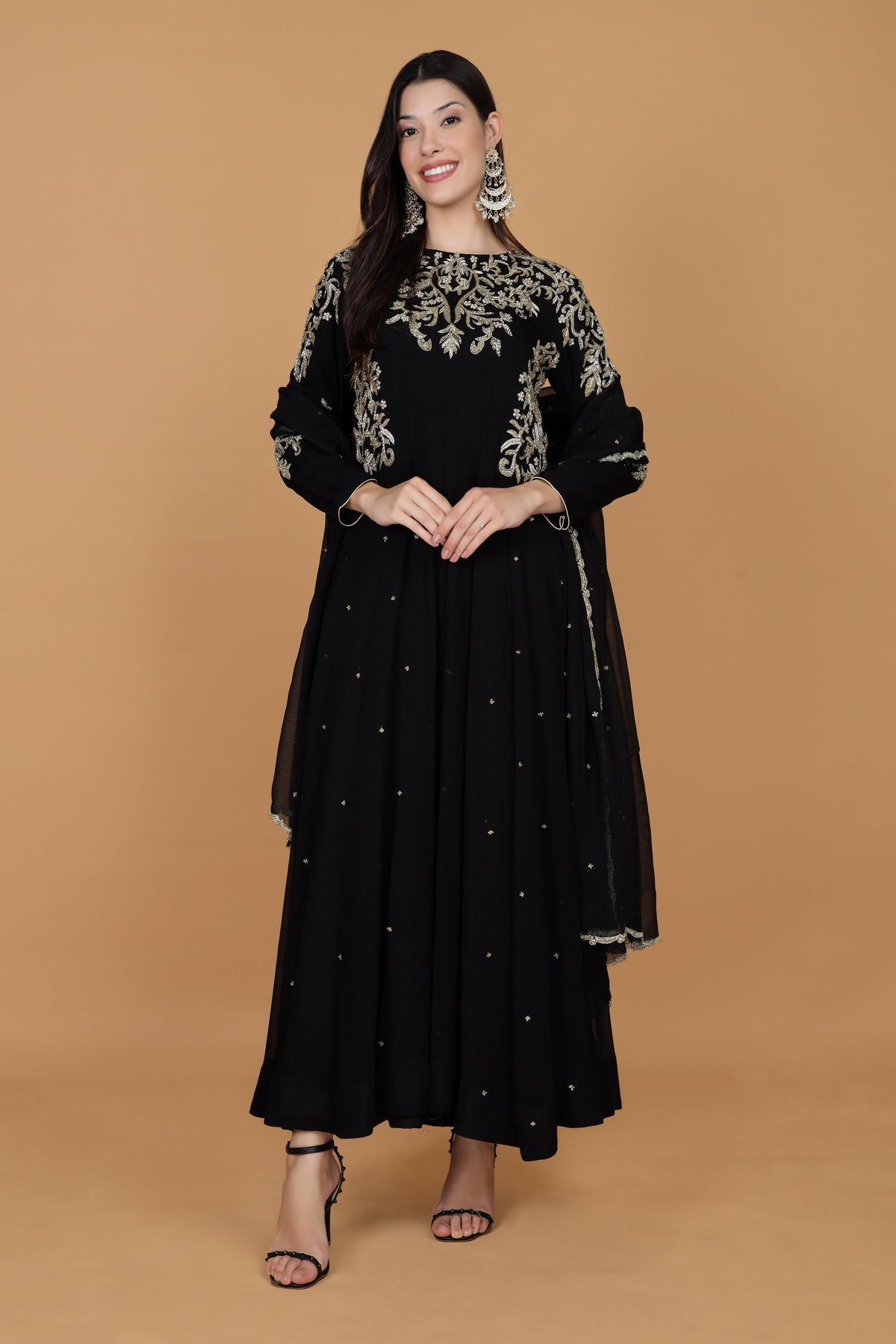 Women Ethnic Embroidered Round Neck Georgette Ethnic Dress