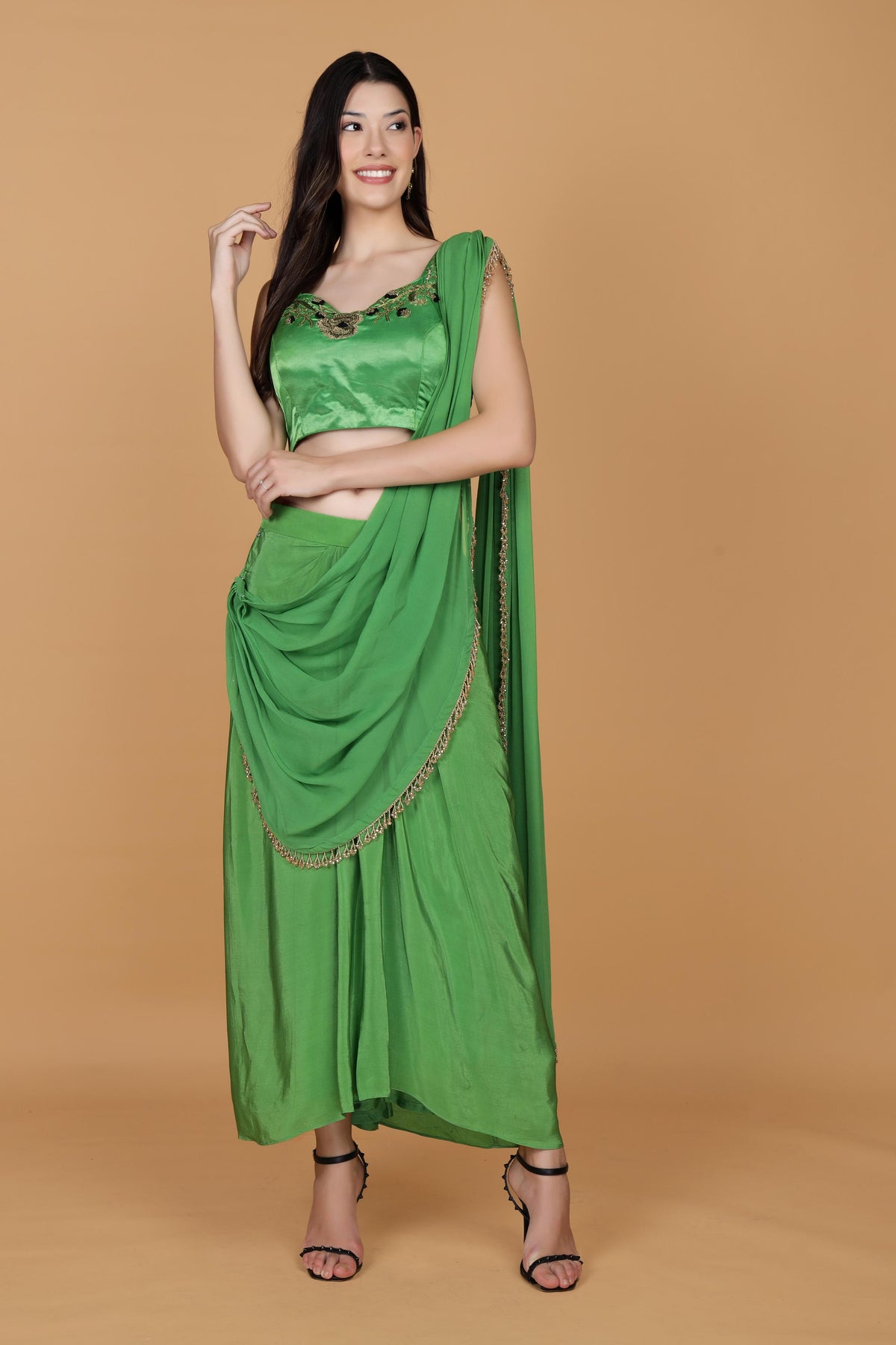 Beads & Stones Embroidered Border Pure Crepe Dhoti Saree