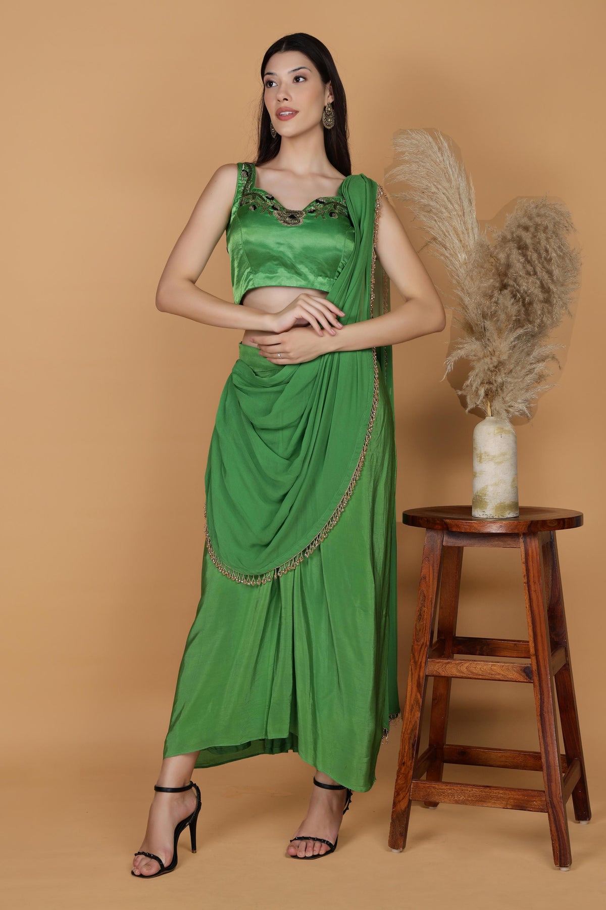 Beads & Stones Embroidered Border Pure Crepe Dhoti Saree