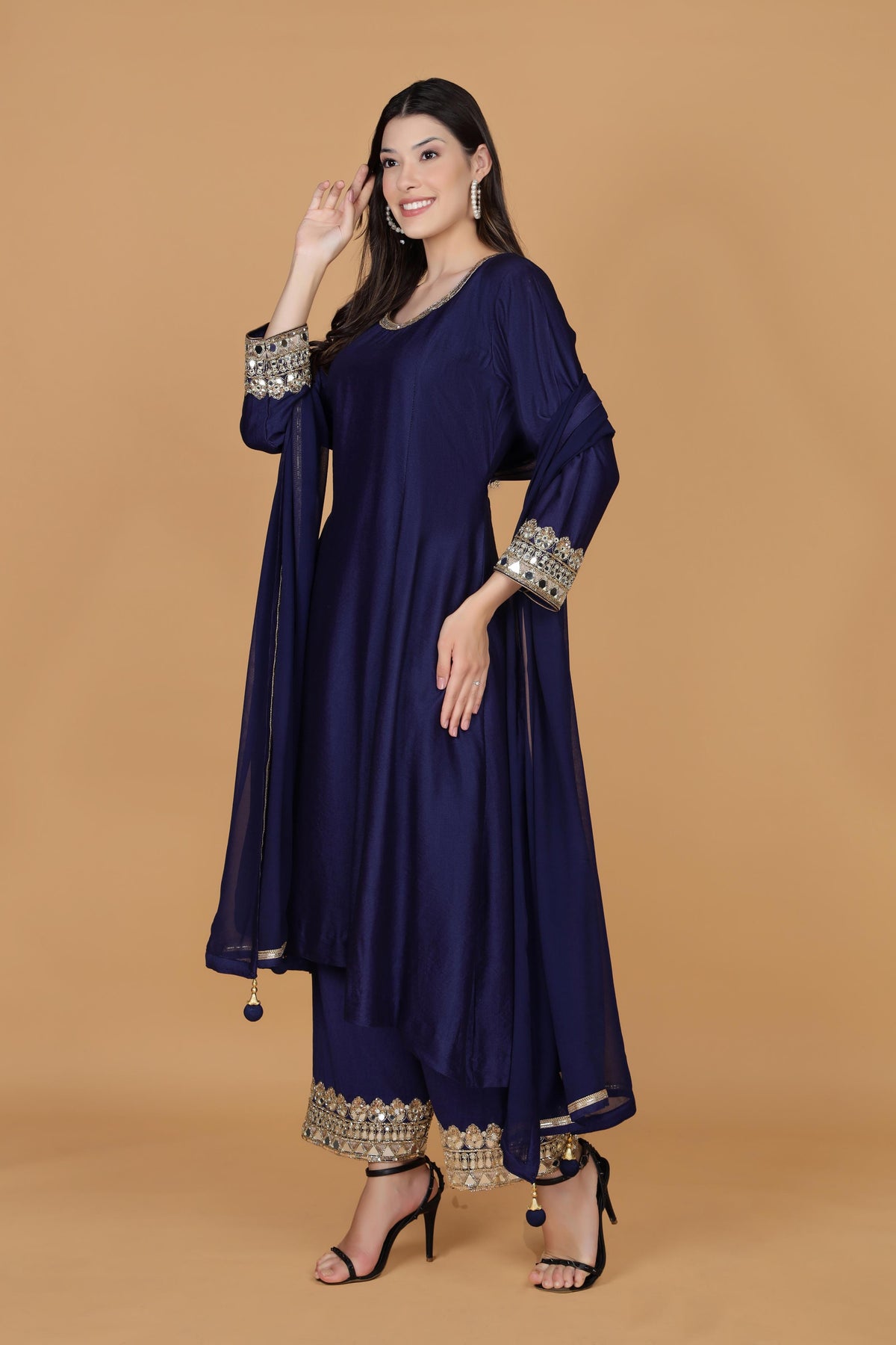 Embellished Mirror Work Round Neck Kurta With Palazzos & Dupatta