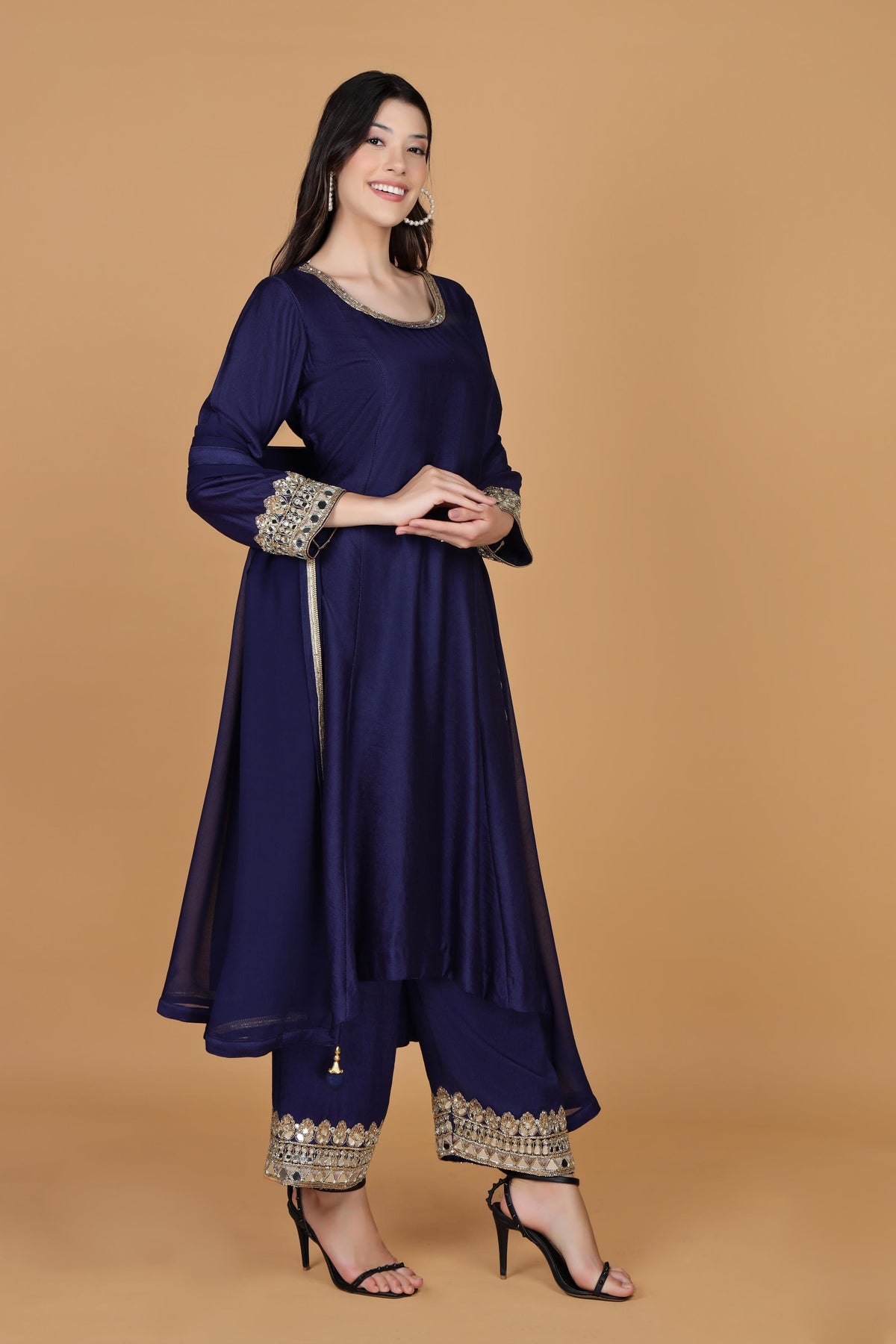 Embellished Mirror Work Round Neck Kurta With Palazzos & Dupatta