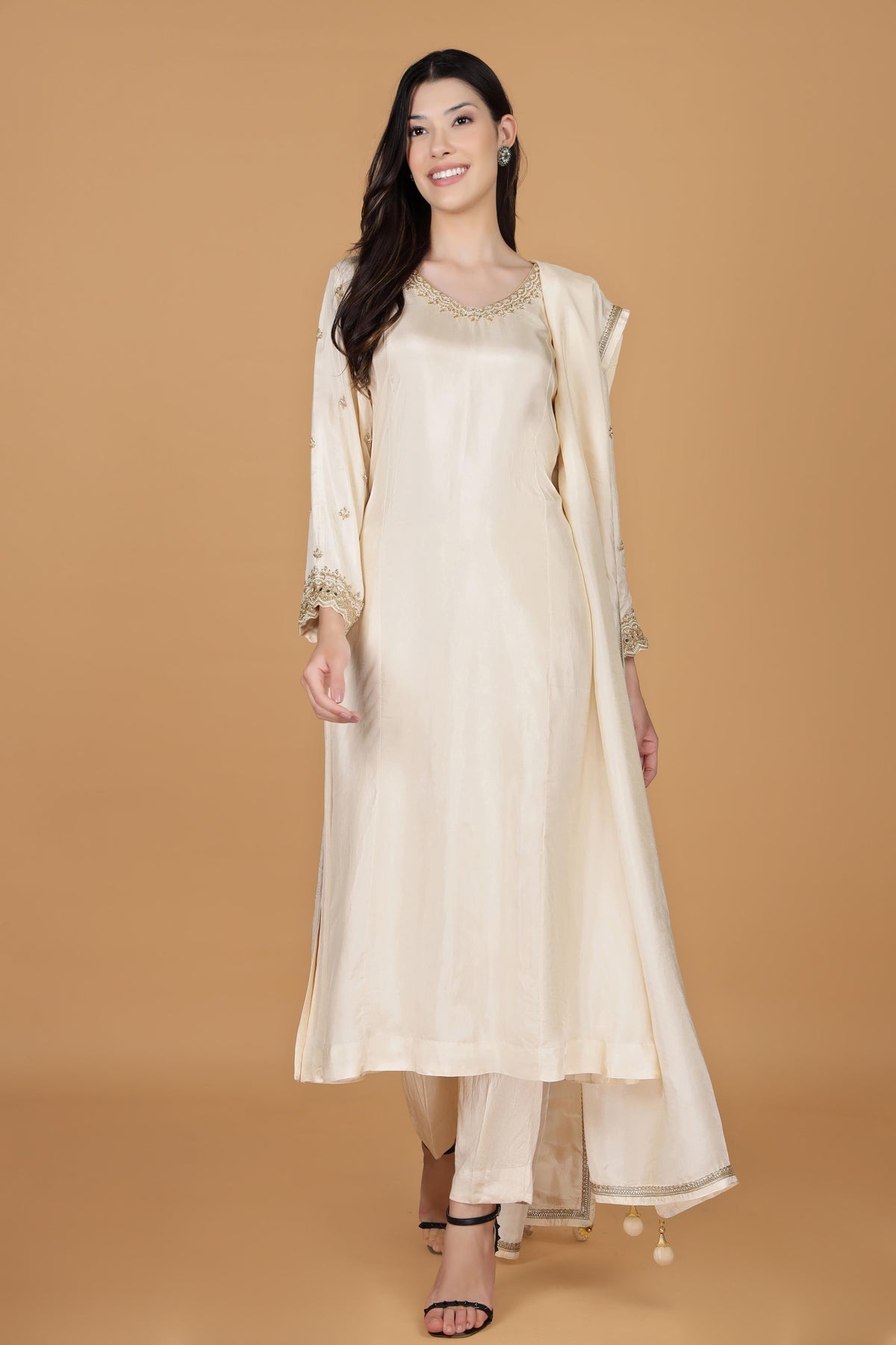 Floral Yoke Design Aari Work Pure Silk A-Line Kurta With Trousers & Dupatta