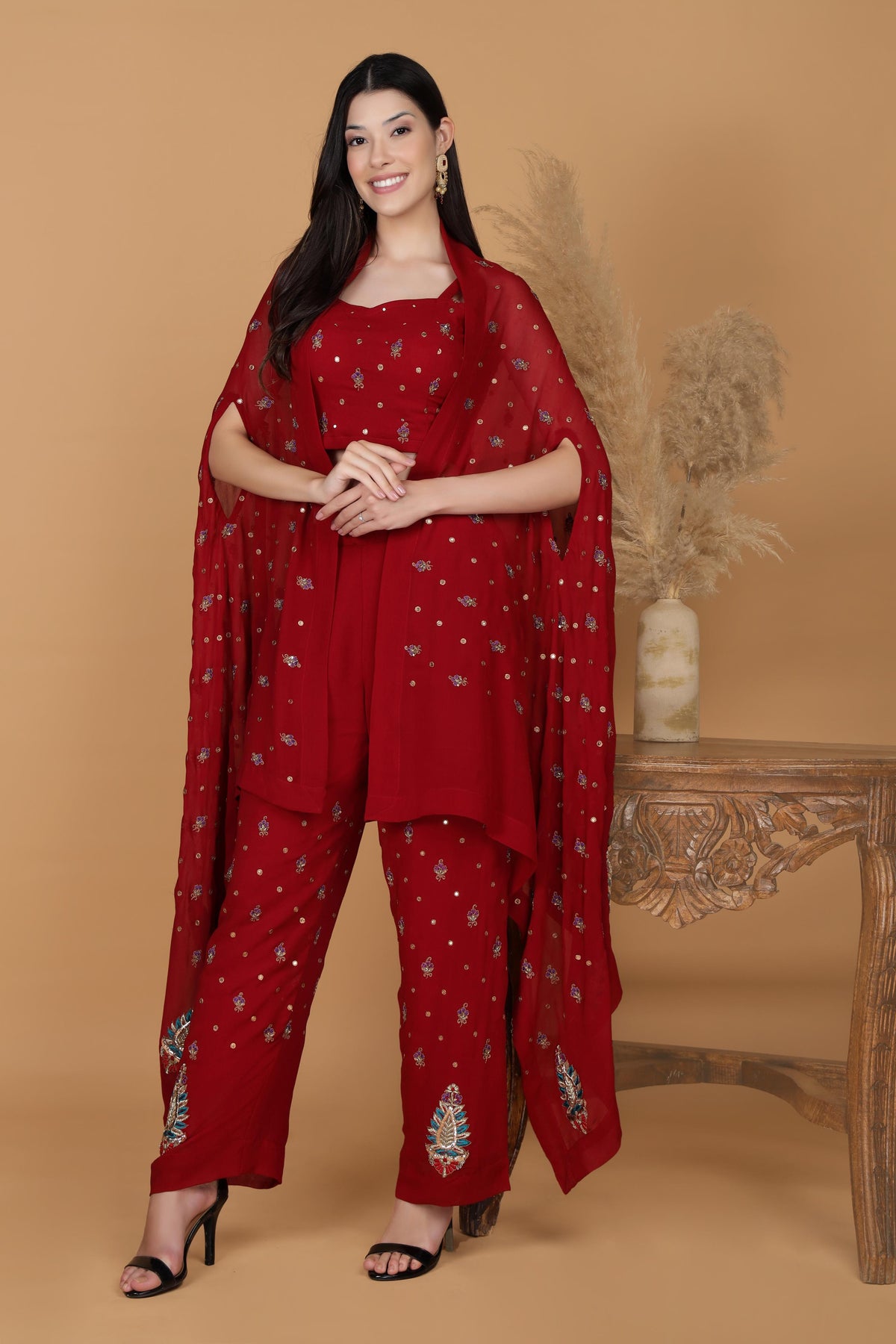 Embroidered Shoulder Straps Sleeveless Top With Palazzos Co-Ords