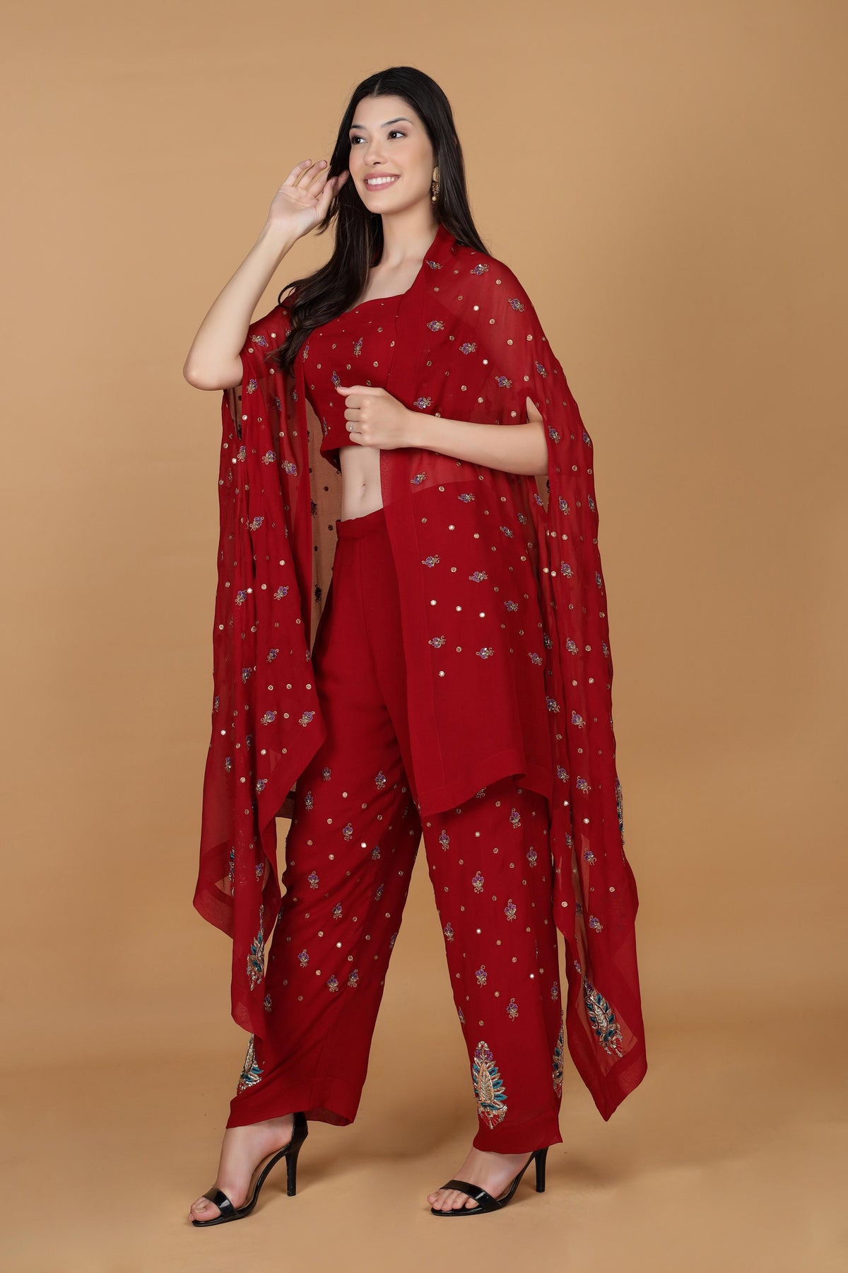 Embroidered Shoulder Straps Sleeveless Top With Palazzos Co-Ords