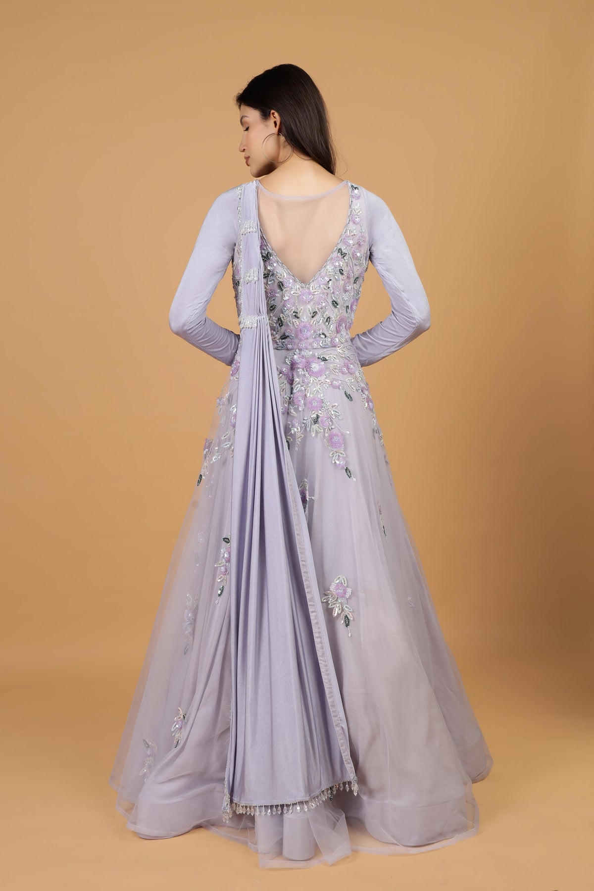 Women Floral Embroidered Net Fit & Flare Maxi Dress