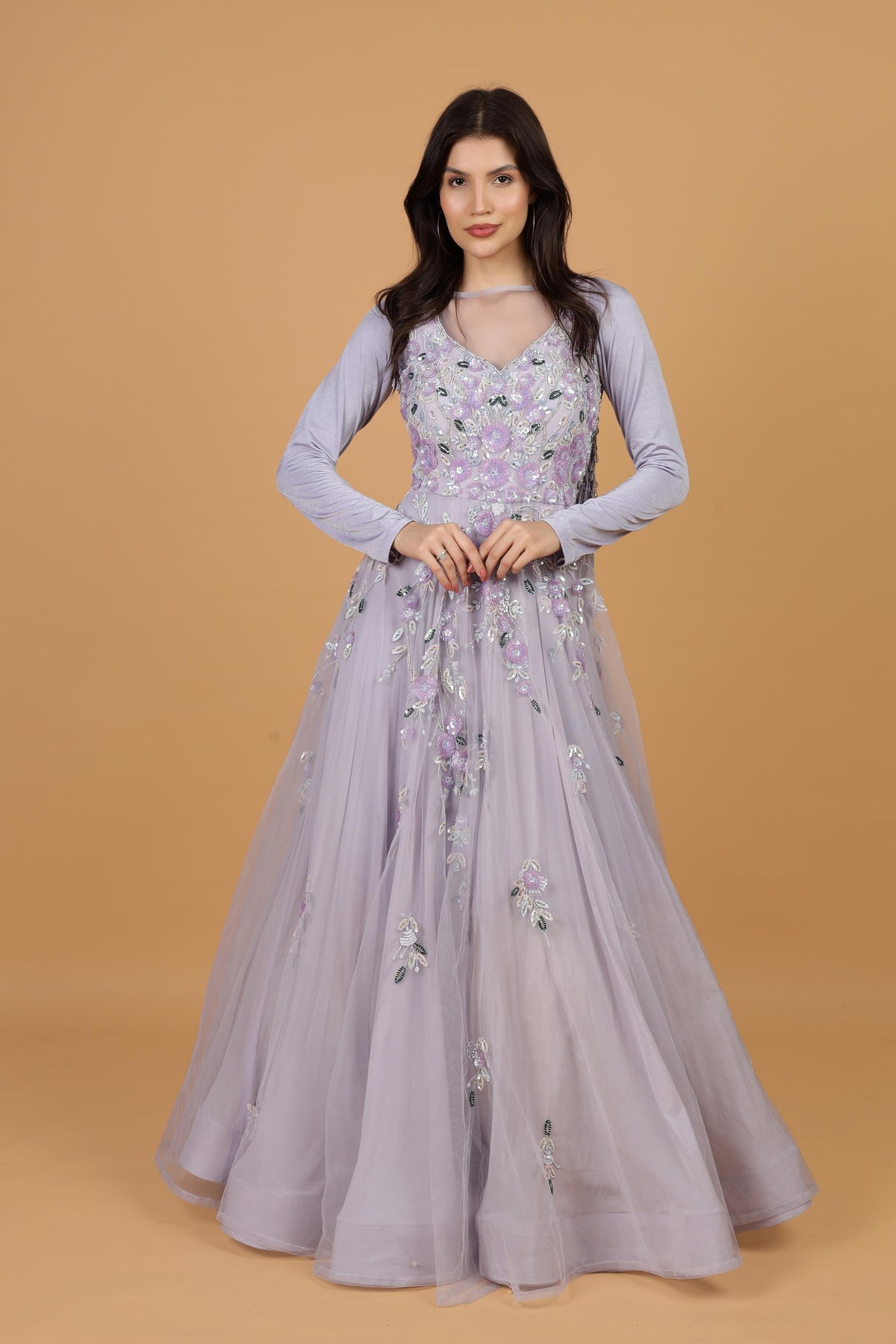 Women Floral Embroidered Net Fit & Flare Maxi Dress