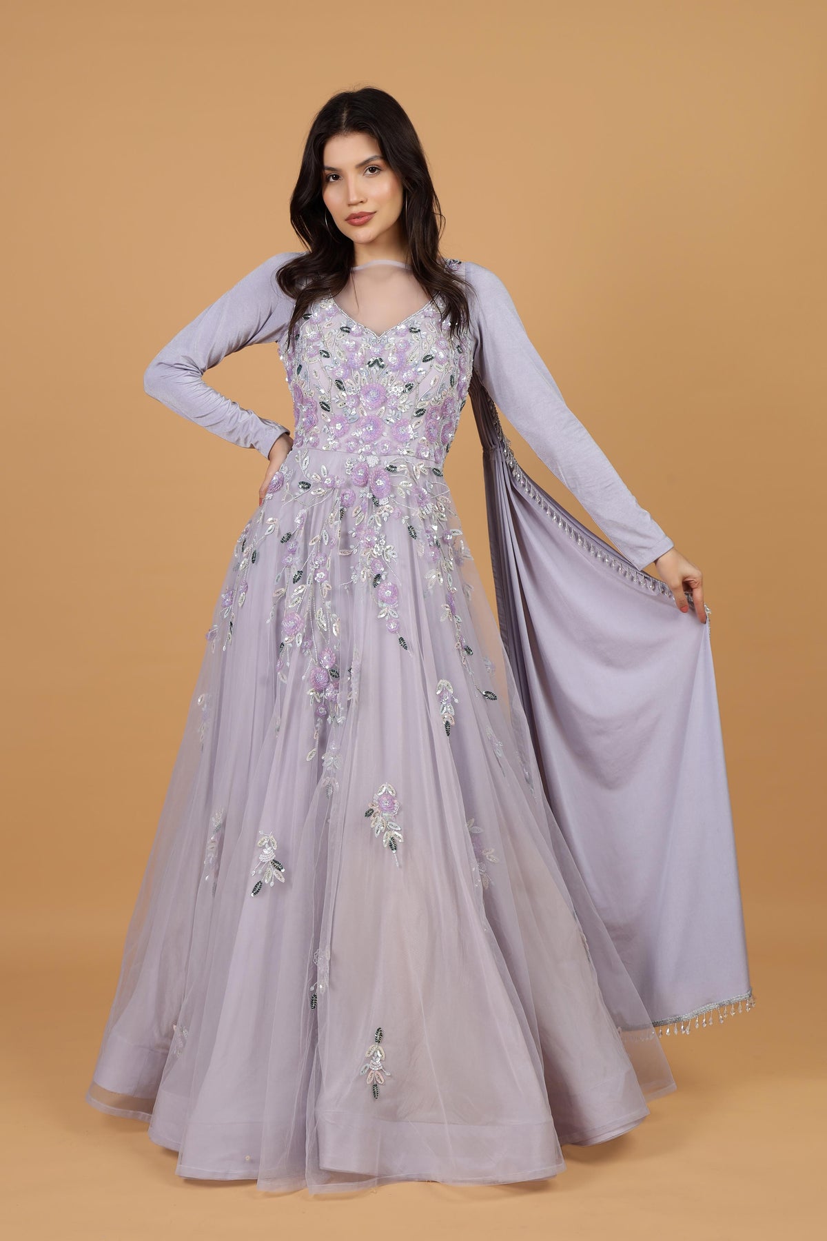 Women Floral Embroidered Net Fit & Flare Maxi Dress