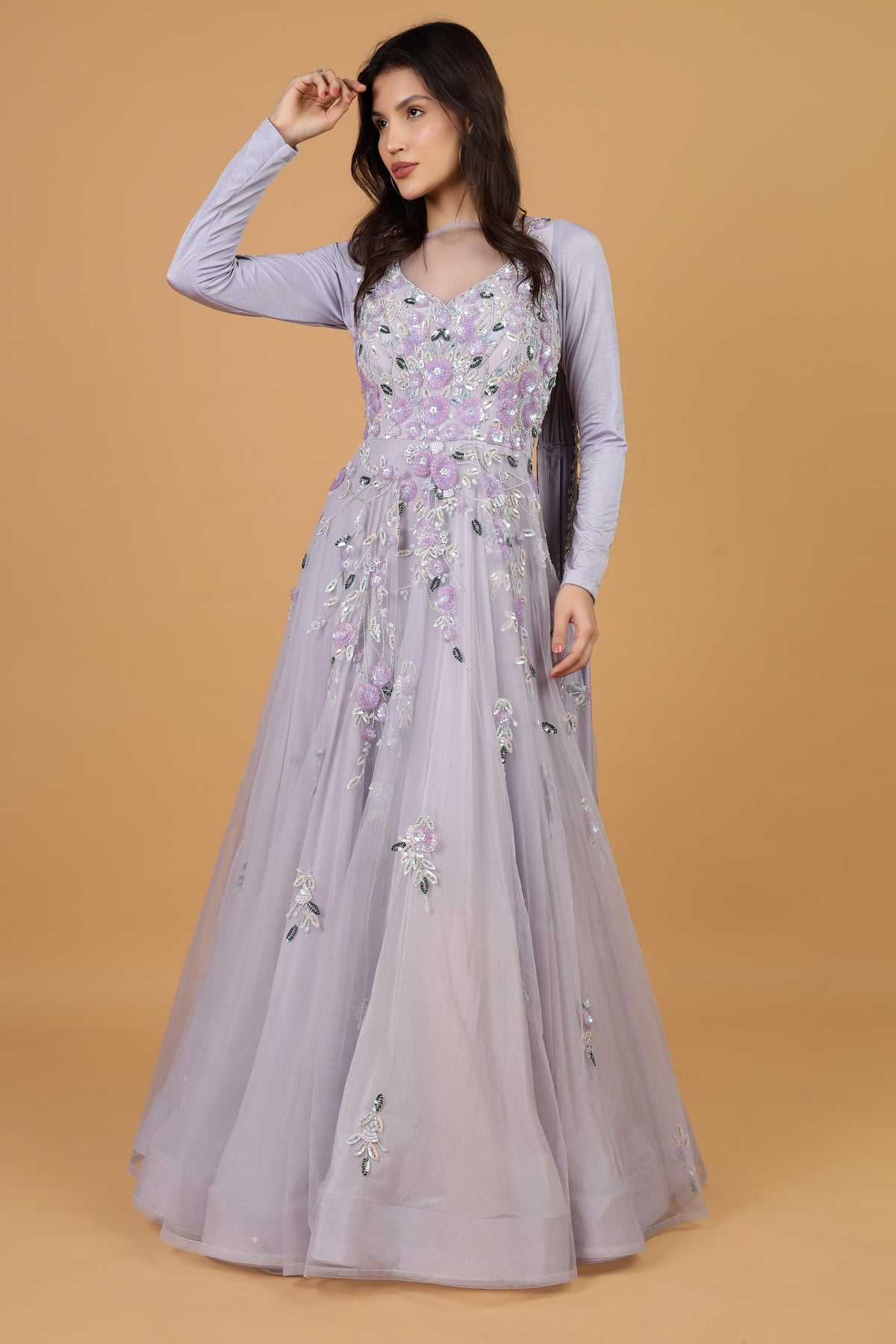 Women Floral Embroidered Net Fit & Flare Maxi Dress