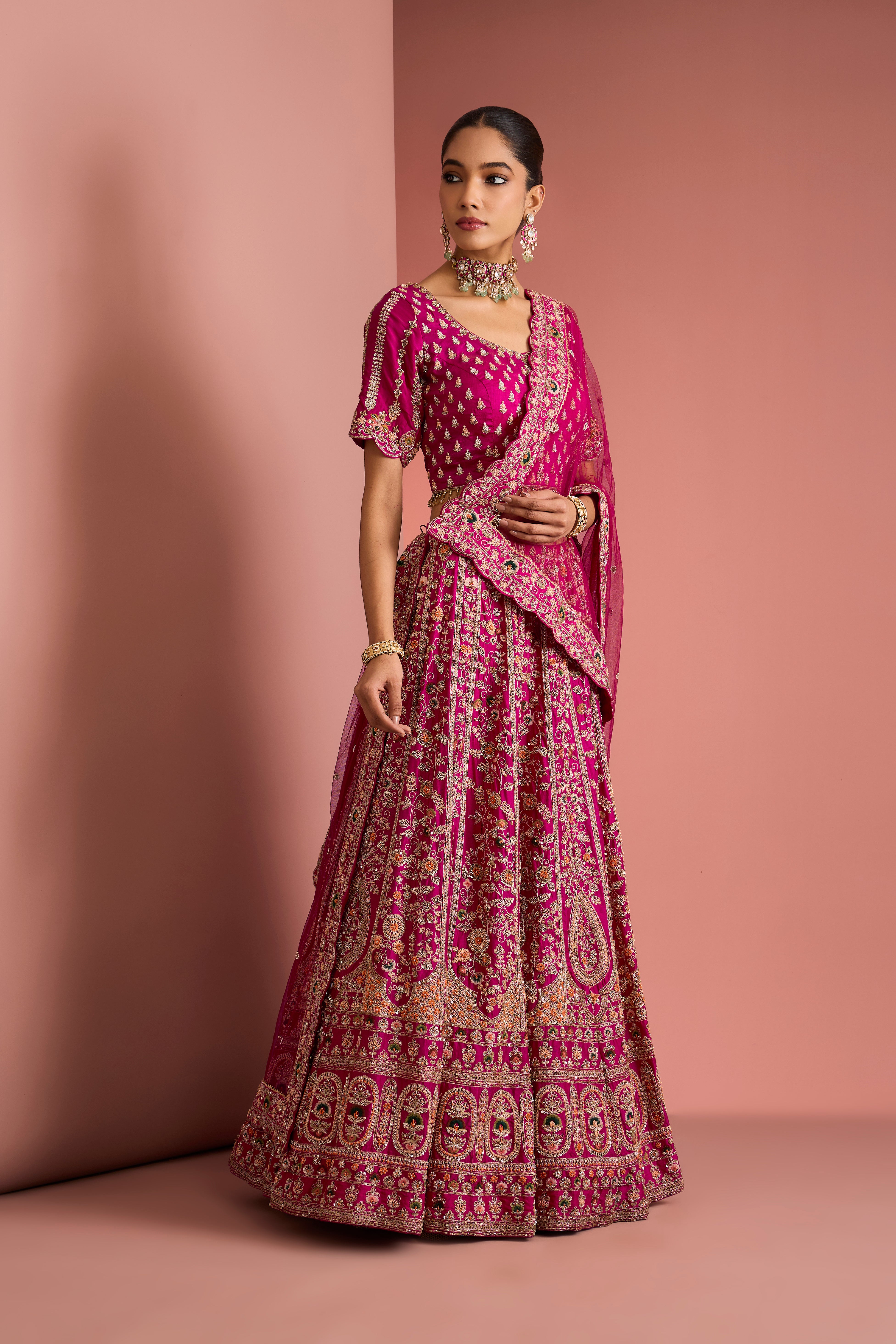 DARK PINK SILK LEHENGA SET WITH ZARDOZI EMBROIDERY