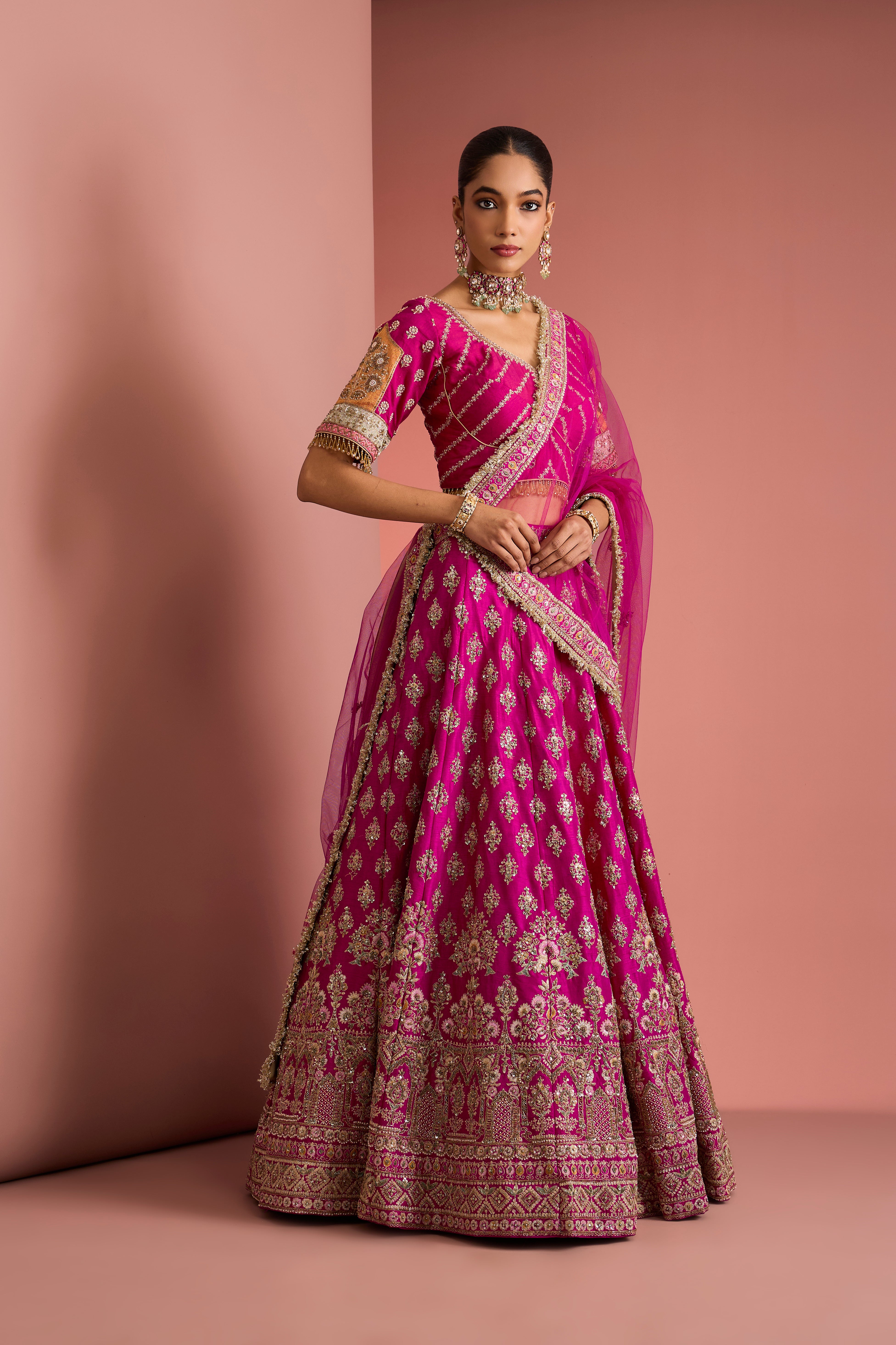 HOT PINK SILK LEHENGA SET WITH AARI EMBROIDERY