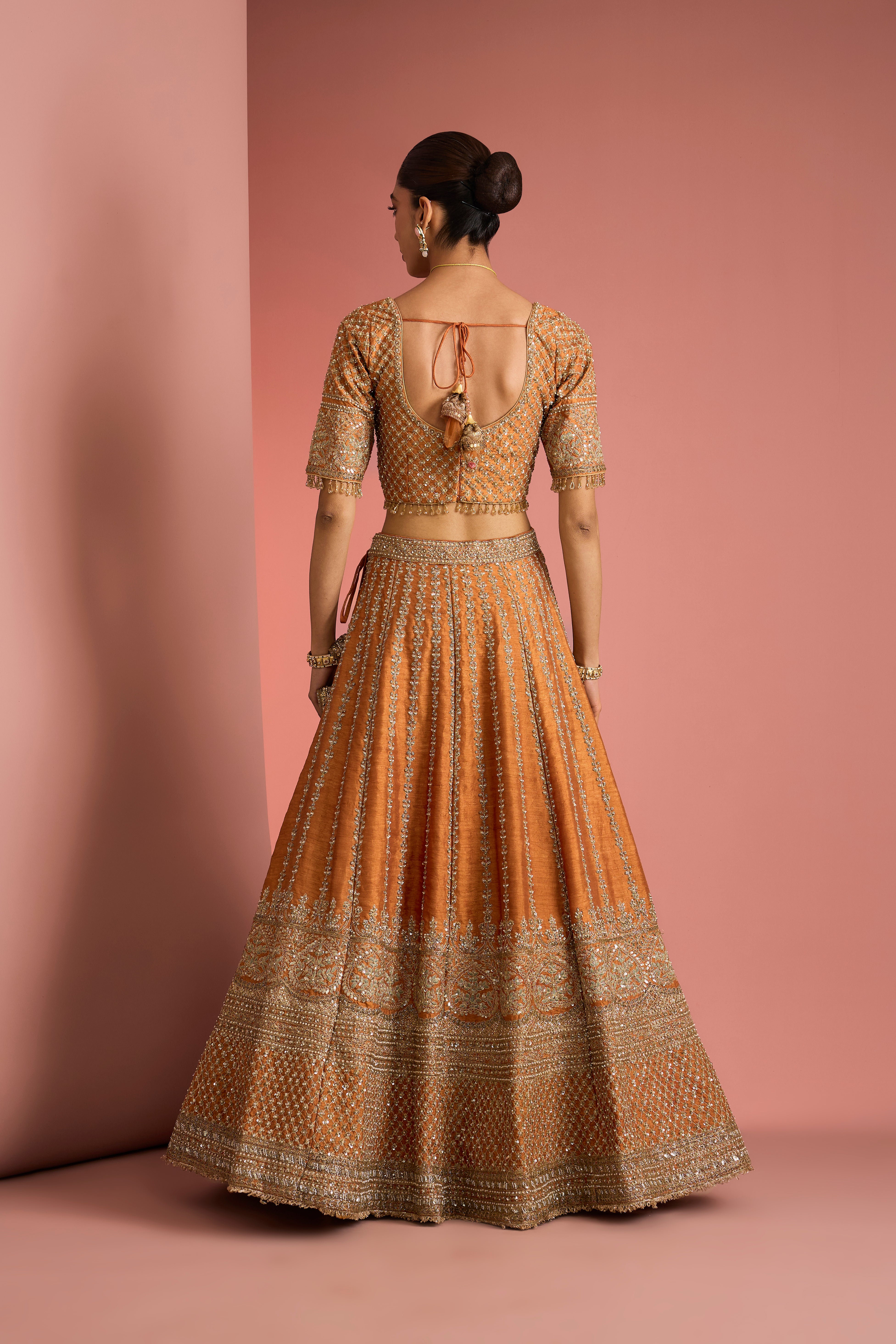 RUST ORANGE RAW SILK LEHENGA SET WITH AARI EMBROIDERY