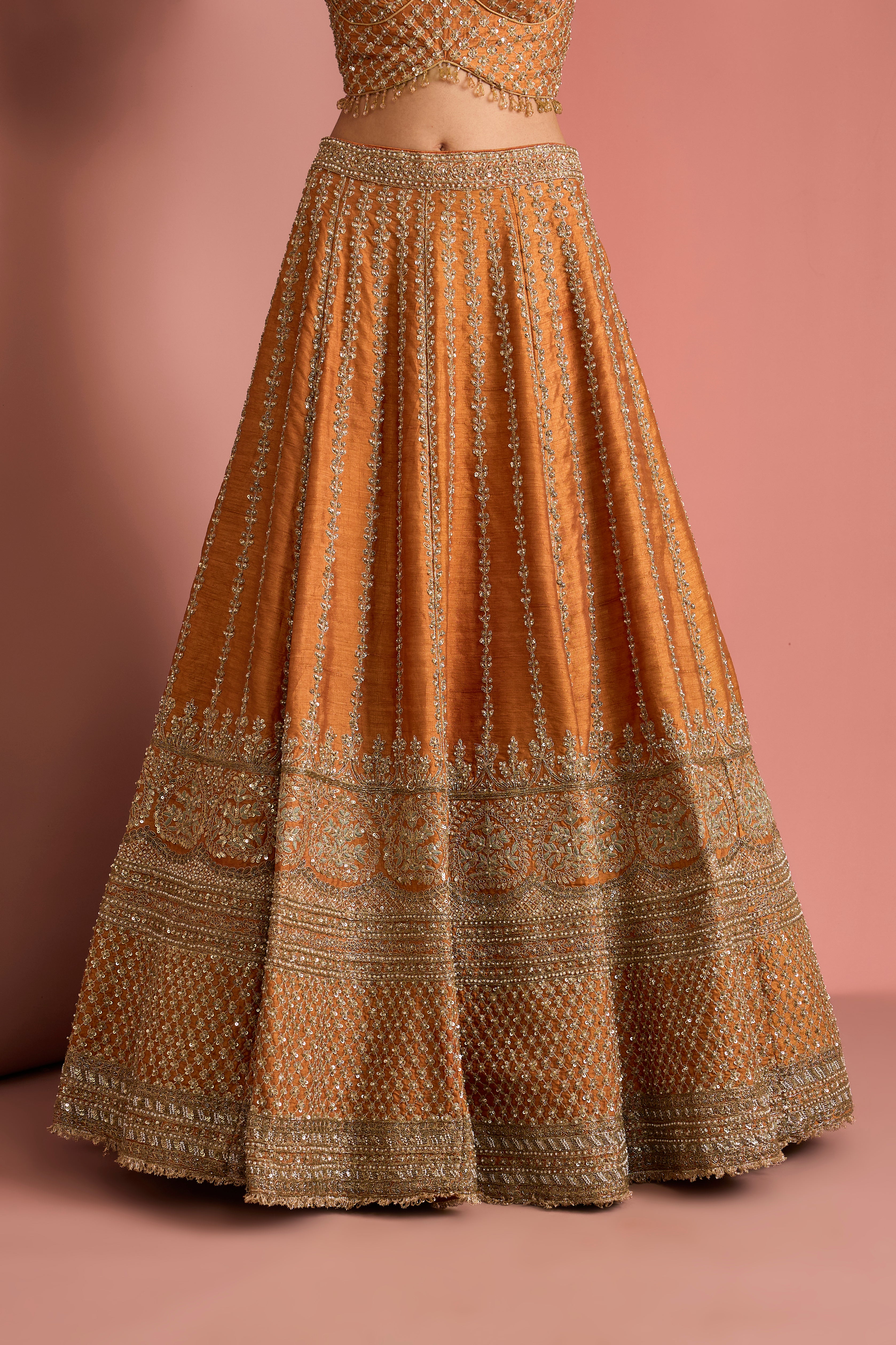 RUST ORANGE RAW SILK LEHENGA SET WITH AARI EMBROIDERY