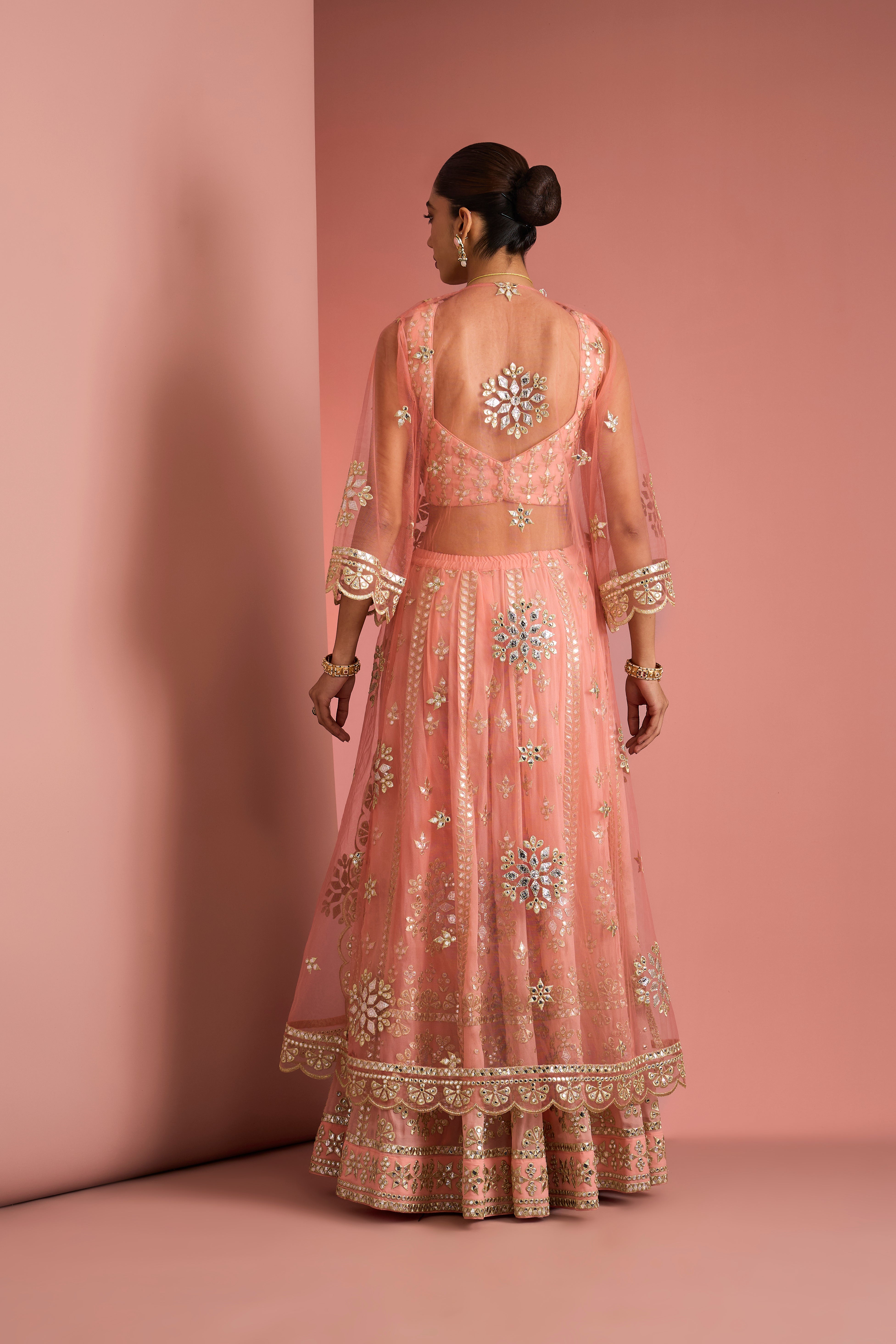 PEACH GEORGGETTE HEAVY GOTA APPLIQUE WORK SHARARA CAPE SET