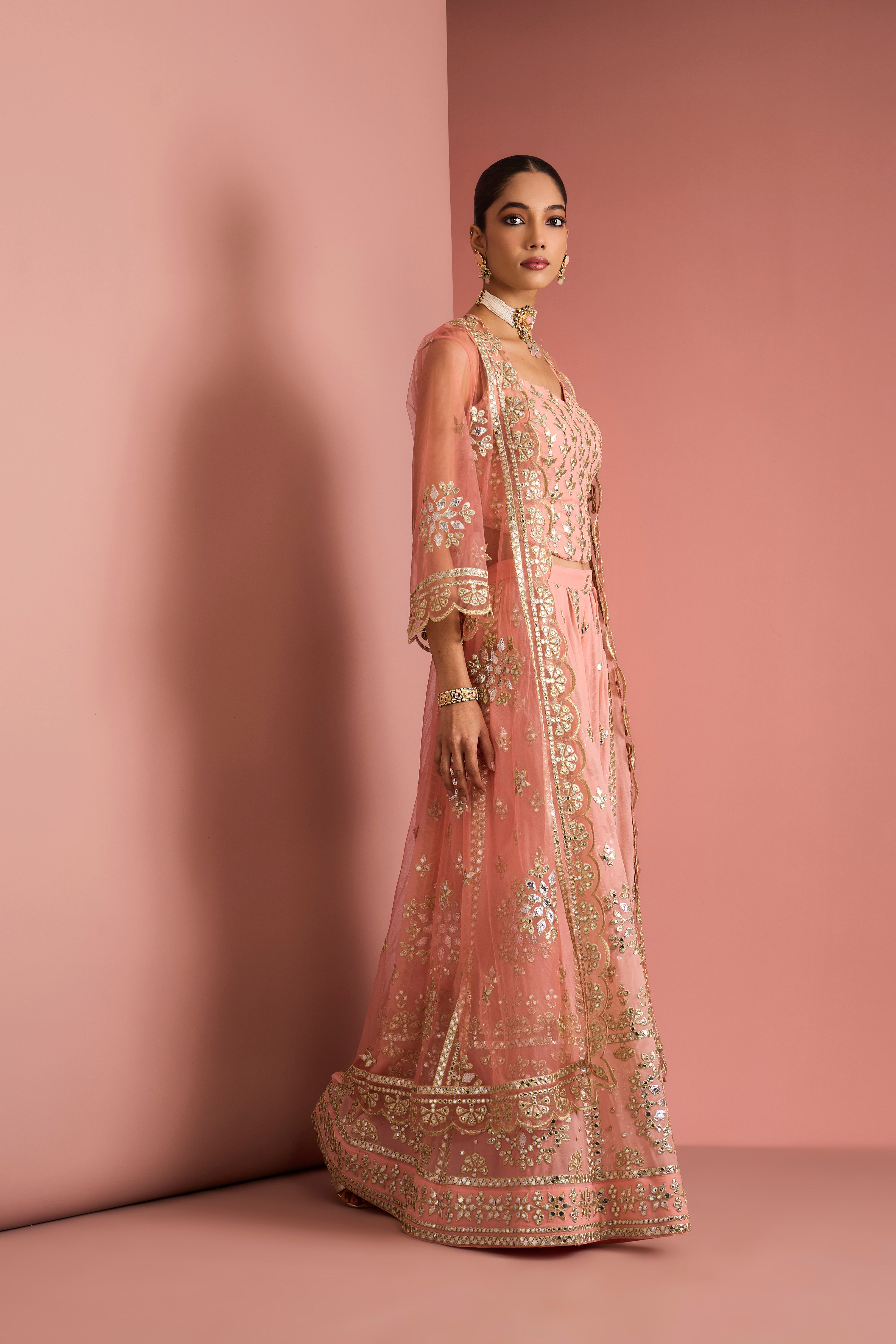 PEACH GEORGGETTE HEAVY GOTA APPLIQUE WORK SHARARA CAPE SET