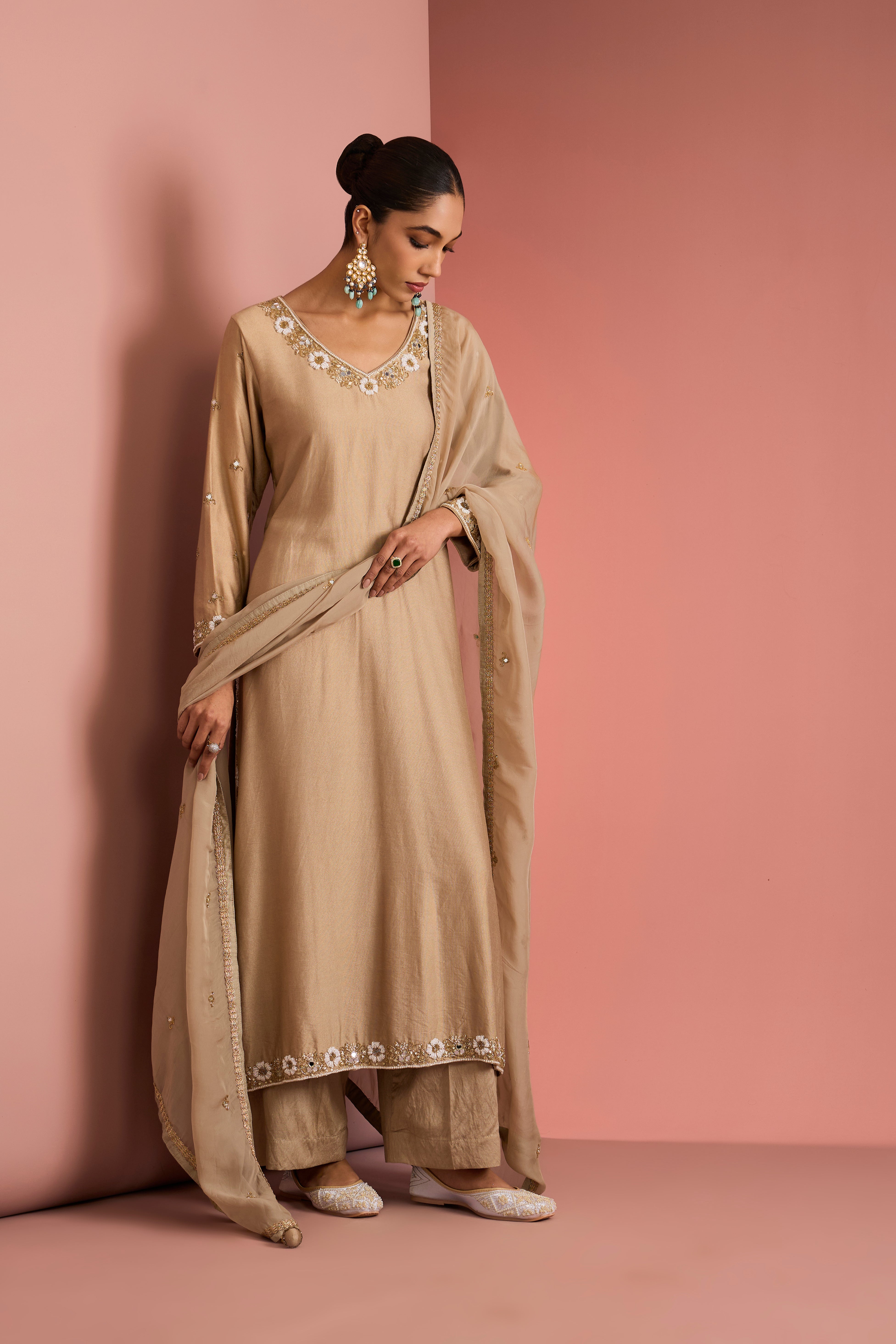 BEIGE SELF KATAN KURTA PANT SET WITH CUTDANA PEARL MIRROR EMBROIDEREY AND ORGANZA DUPPATTA