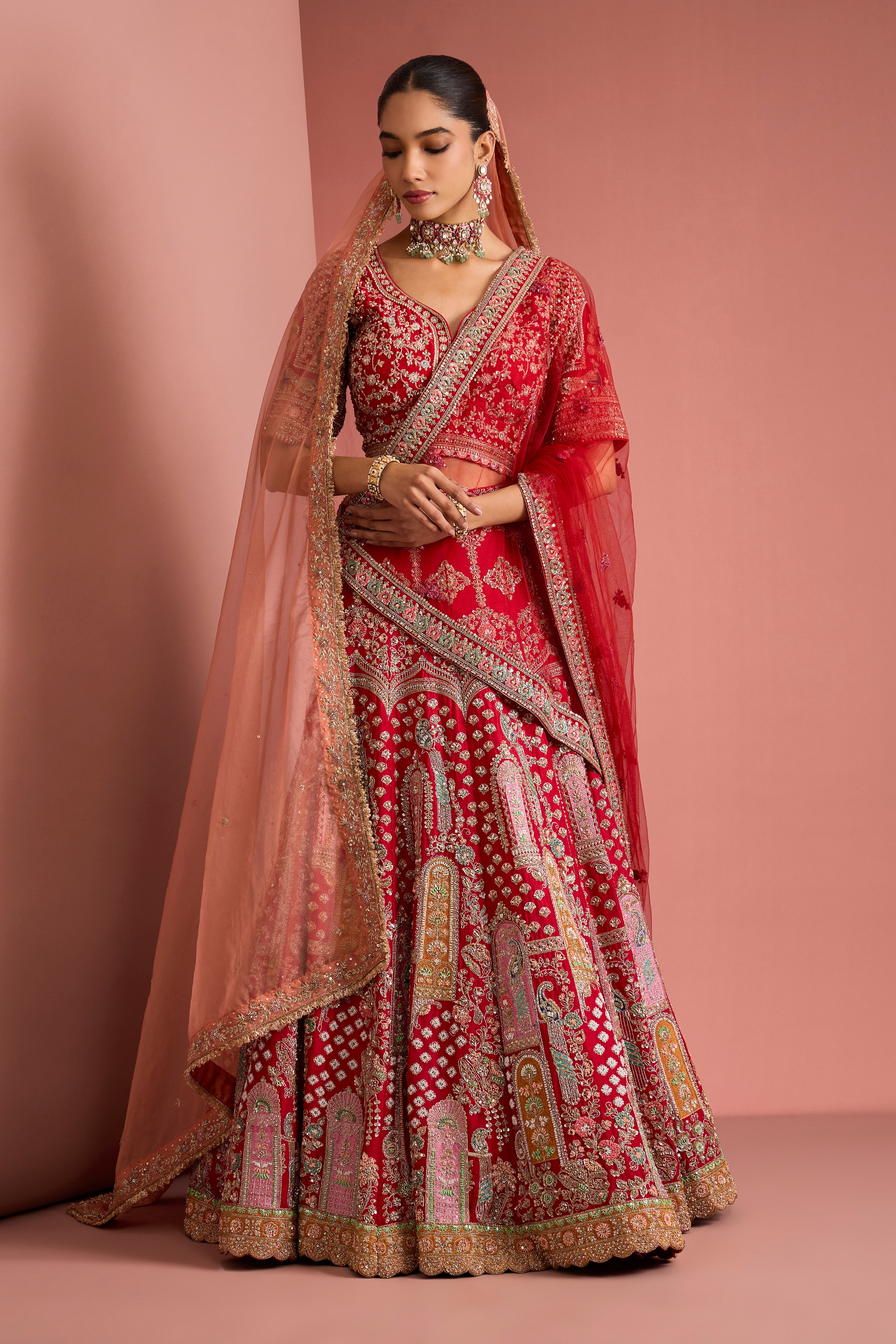 BRIDAL RED SILK LEHENGA SET WITH HAND EMBROIDERY AND 2 DUPATTAS