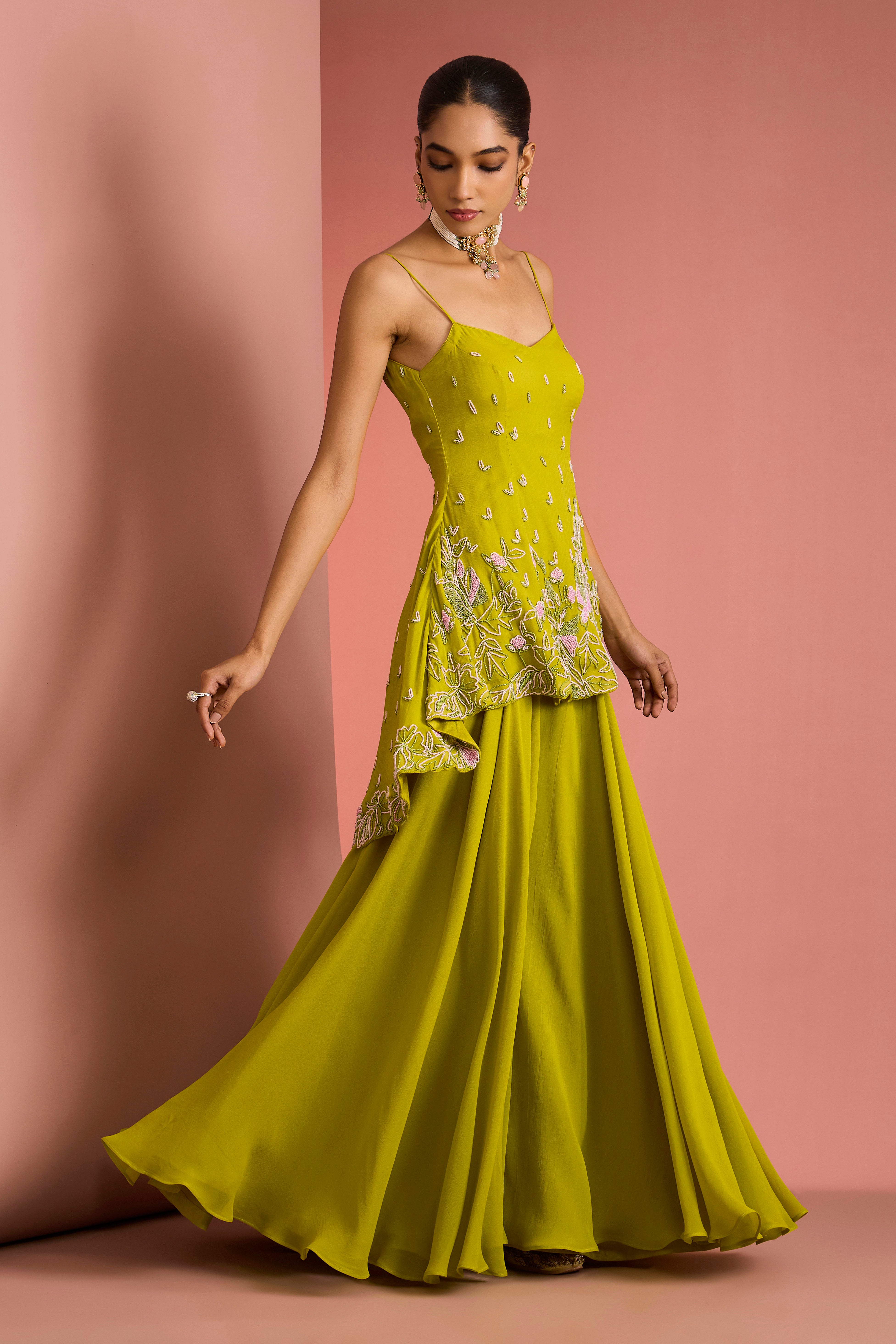 LIME GREEN CREPE BEAD WORK SHARARA SET