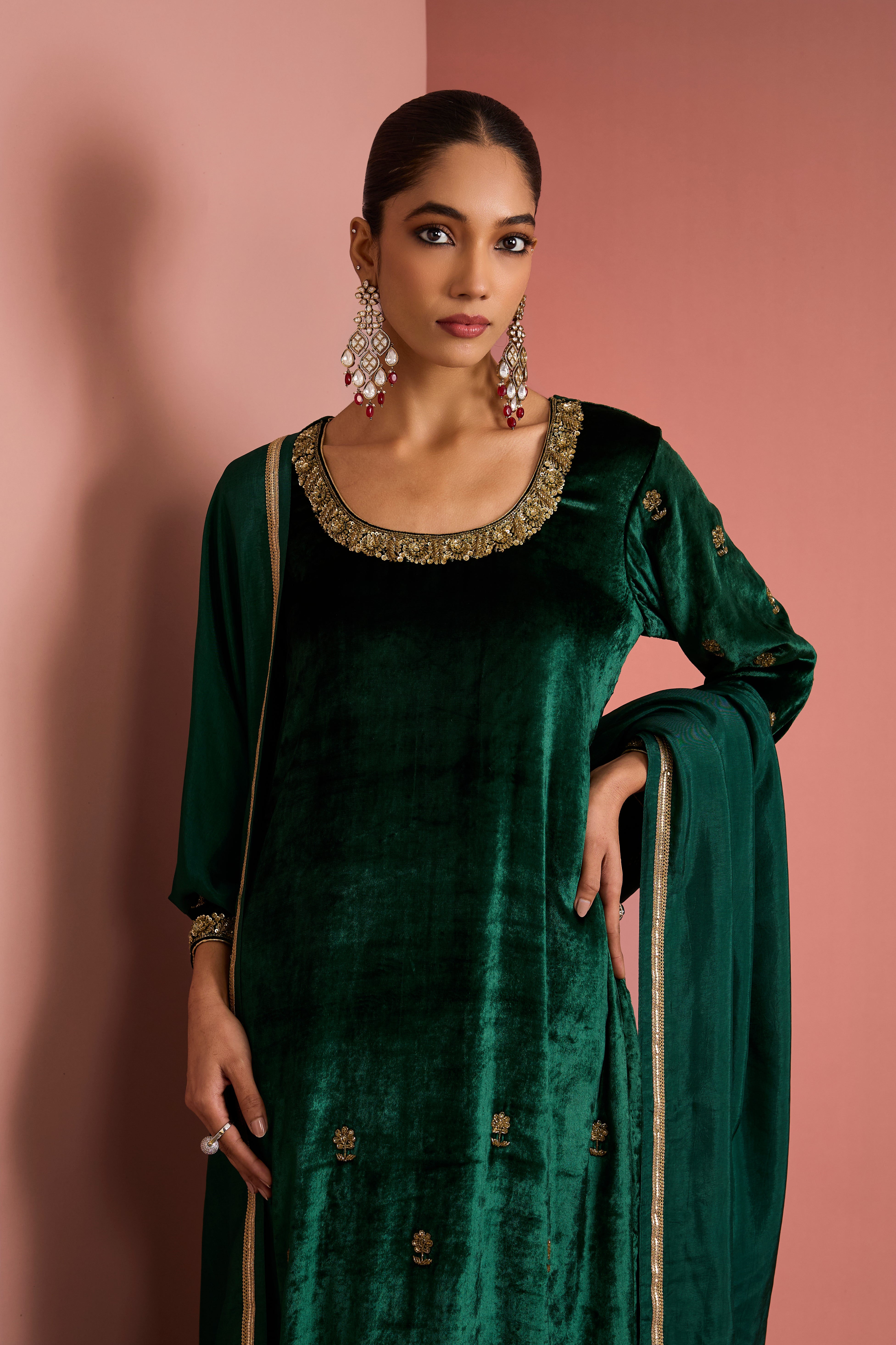 DARK GREEN VELVET KURTA SET