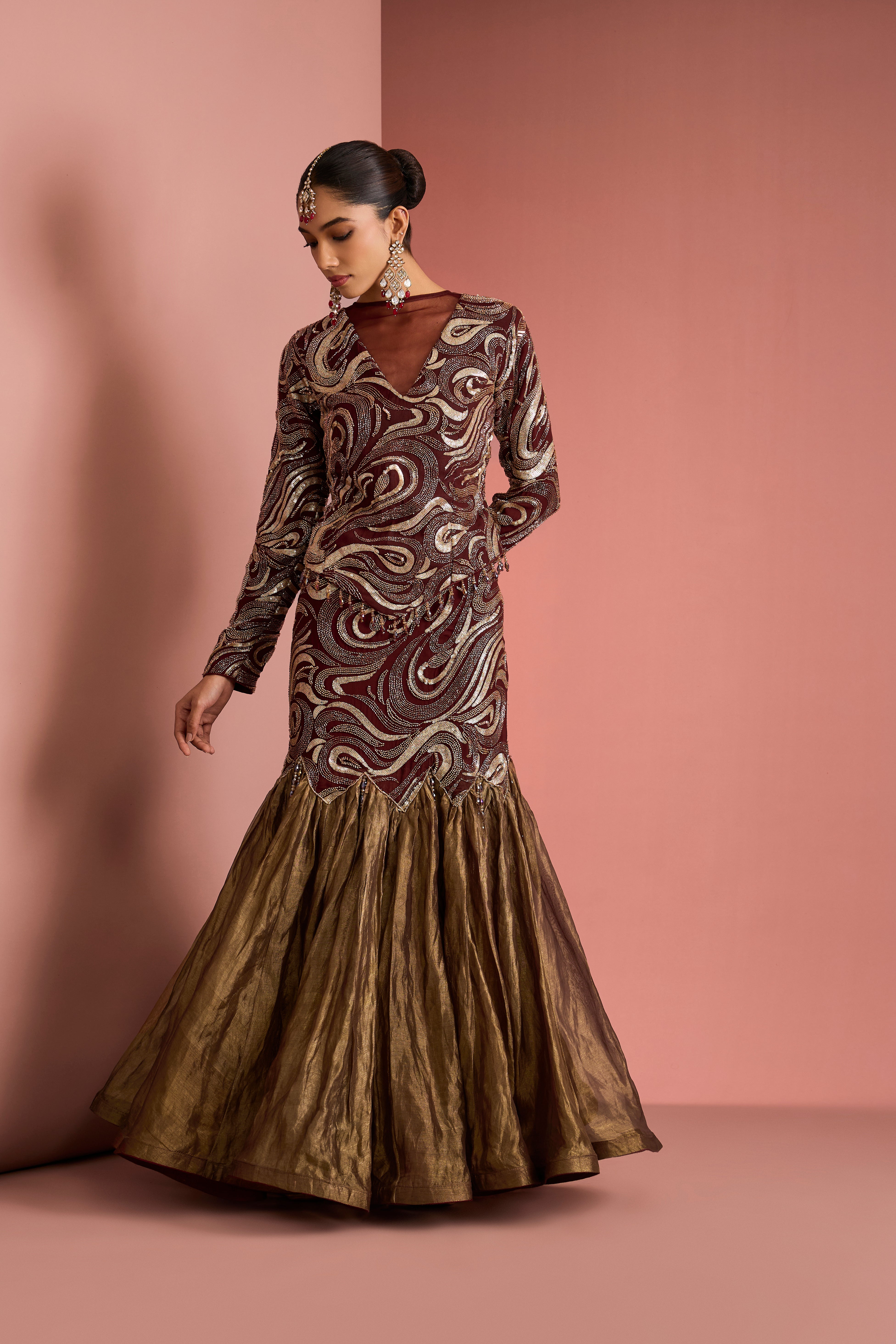DARK BROWN PURE TISSUE FISH CUT SKIRT AND TOP