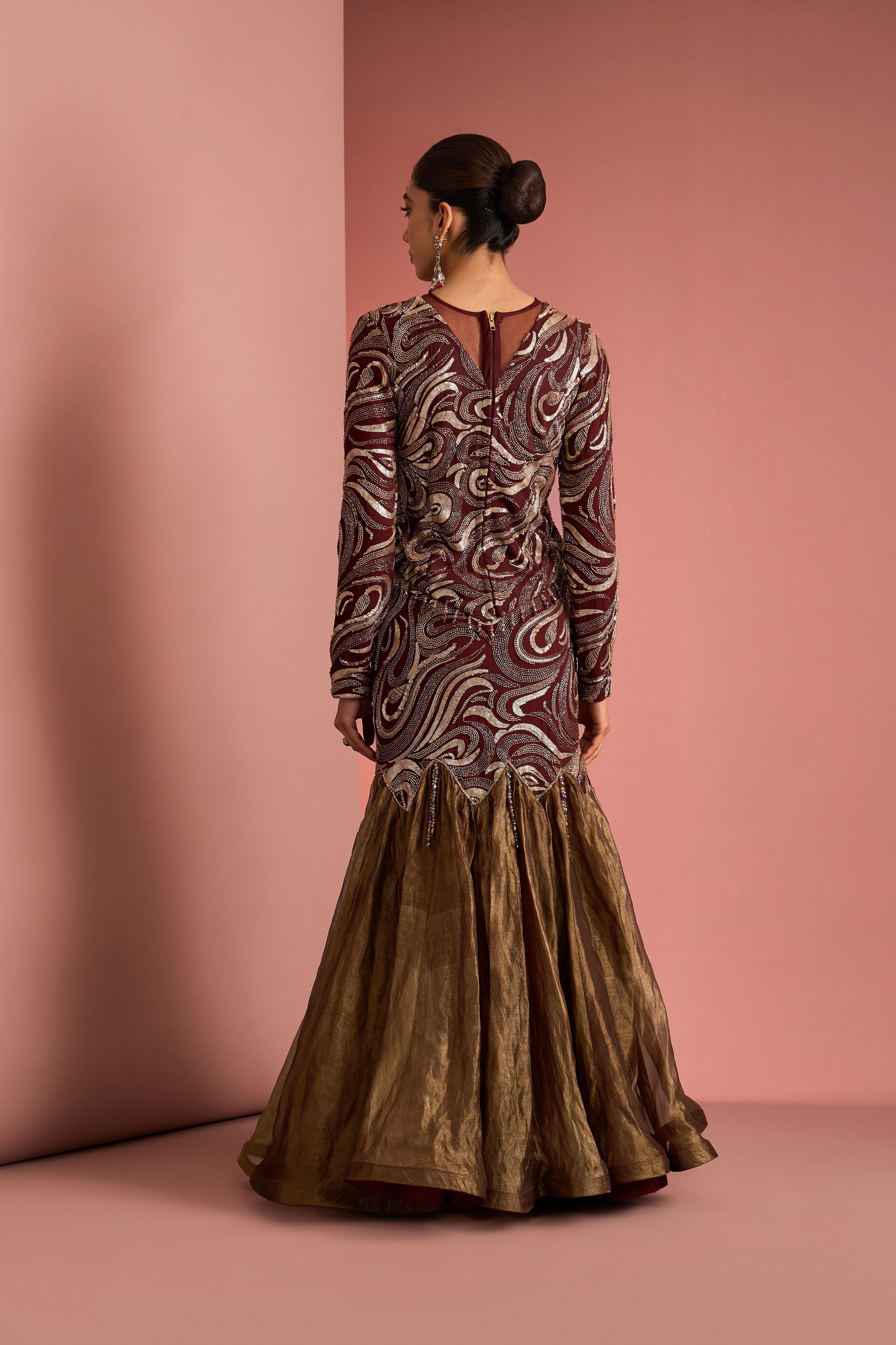 DARK BROWN PURE TISSUE FISH CUT SKIRT AND TOP