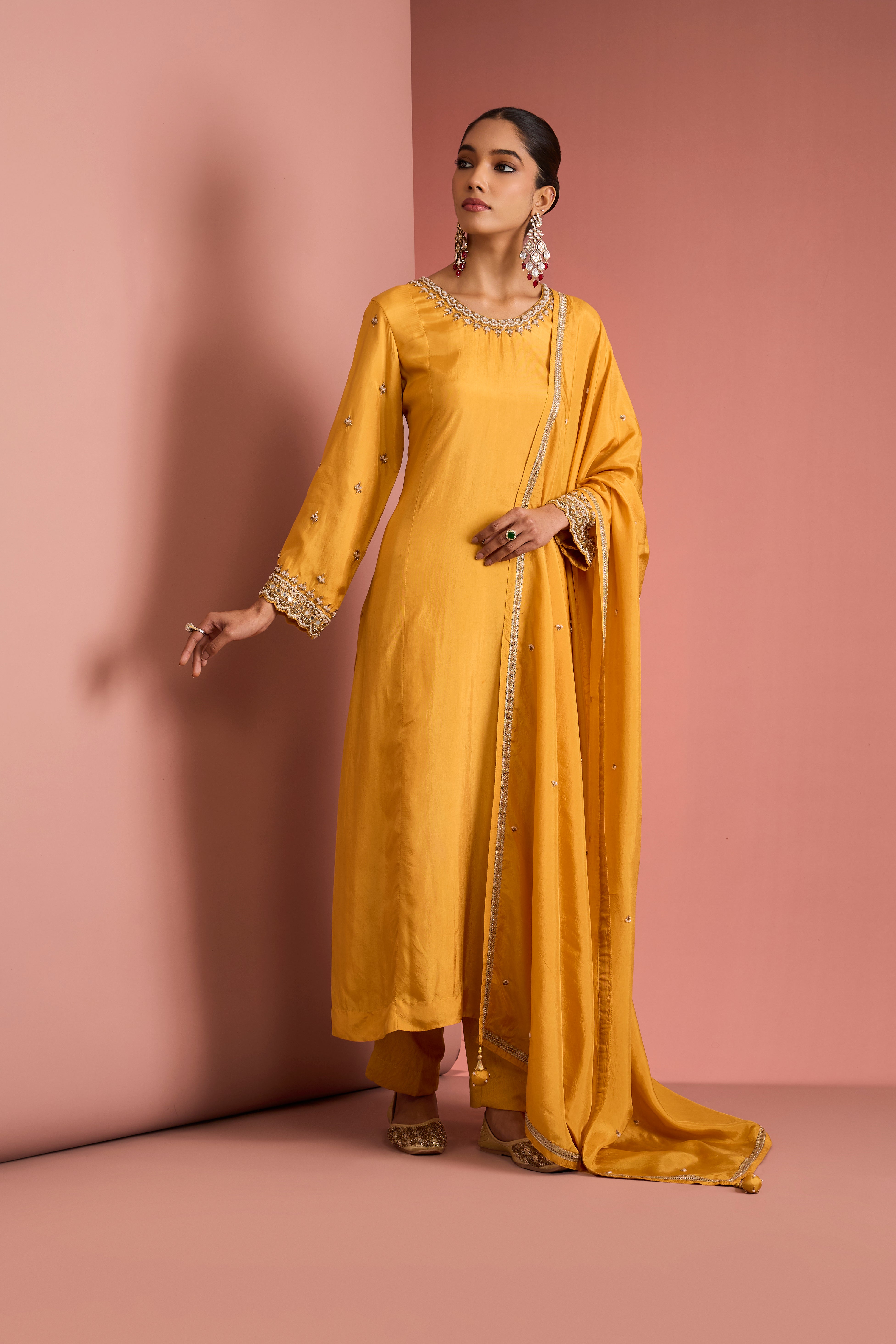 MUSTARD YELLOW OPARA SILK KURTA SET WITH HAND EMBROIDERY