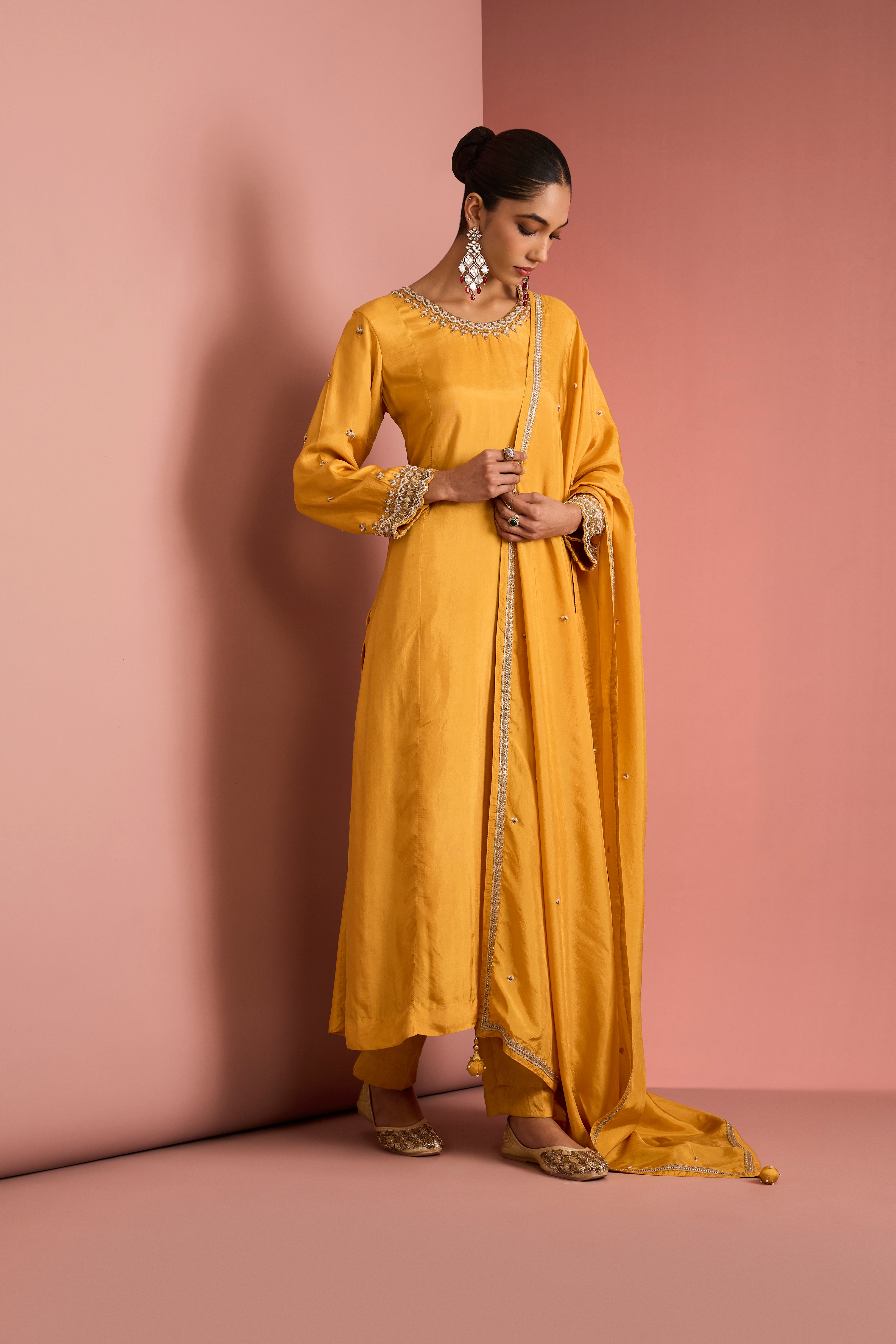 MUSTARD YELLOW OPARA SILK KURTA SET WITH HAND EMBROIDERY