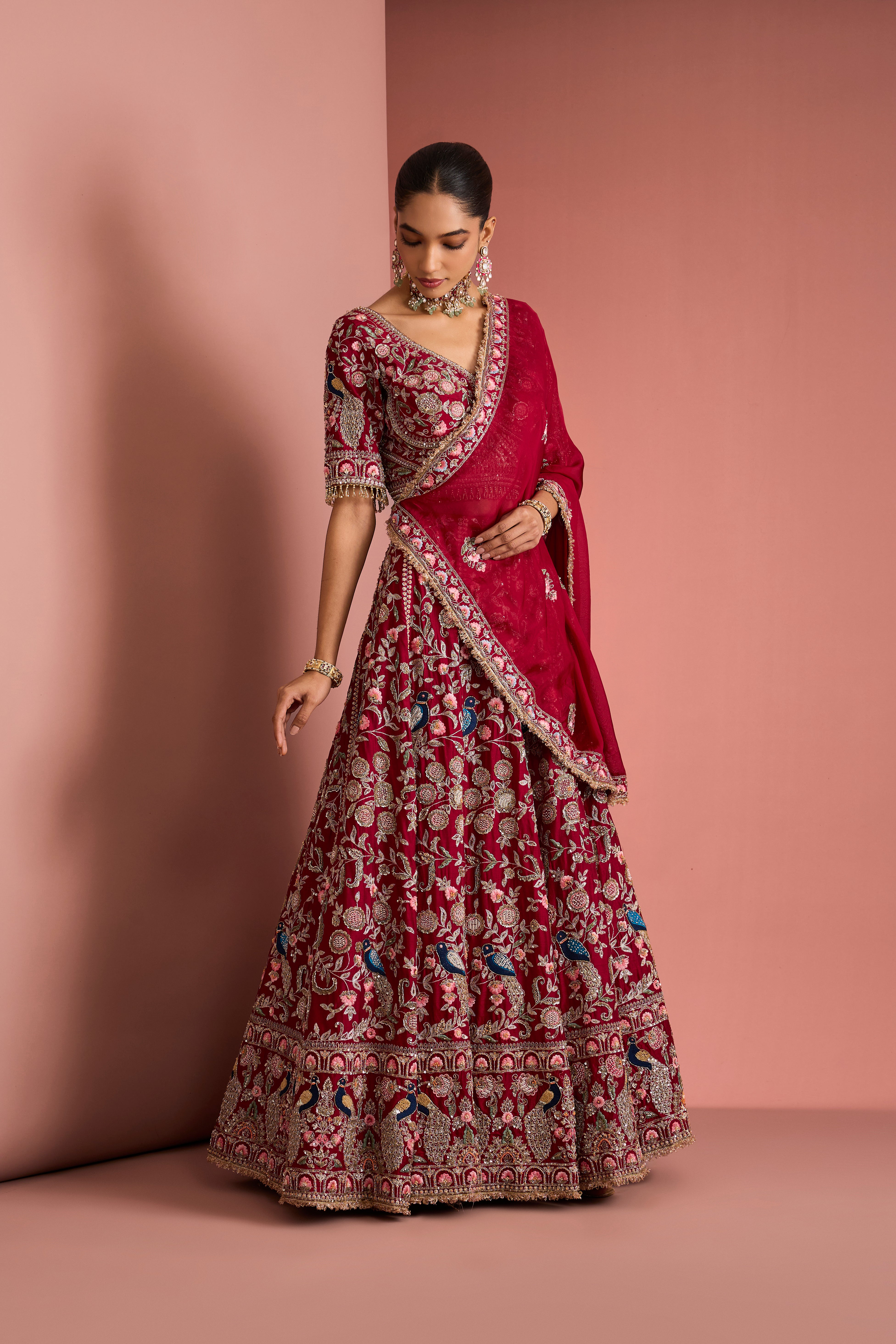 MAROON SILK HAND EMBROIDERED LEHENGA SET